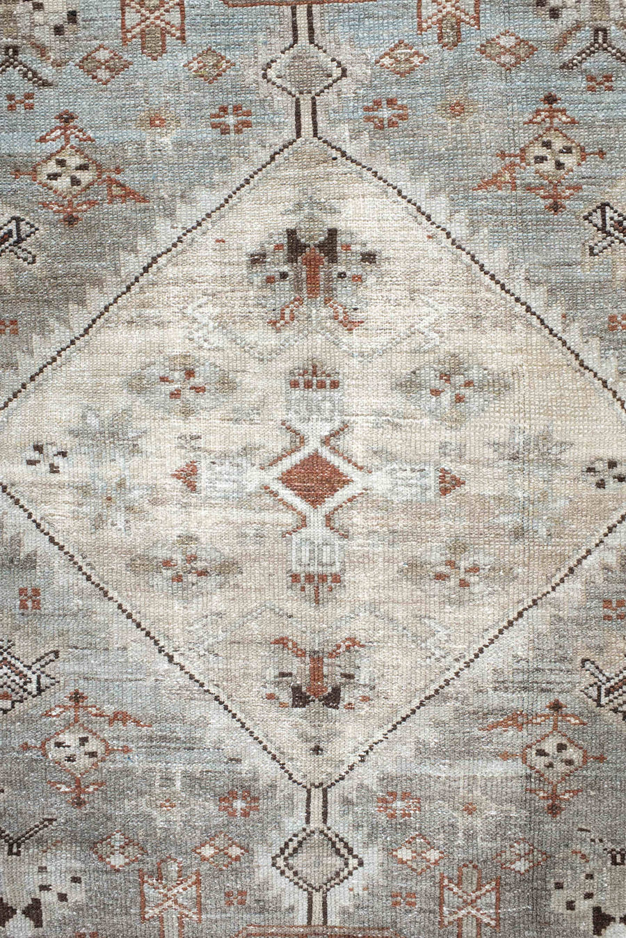 4' x 6' one-of-a-kind handmade antique Malayer small size rug. Color palette: ivory, pale blue, rust, charcoal, taupe, camel