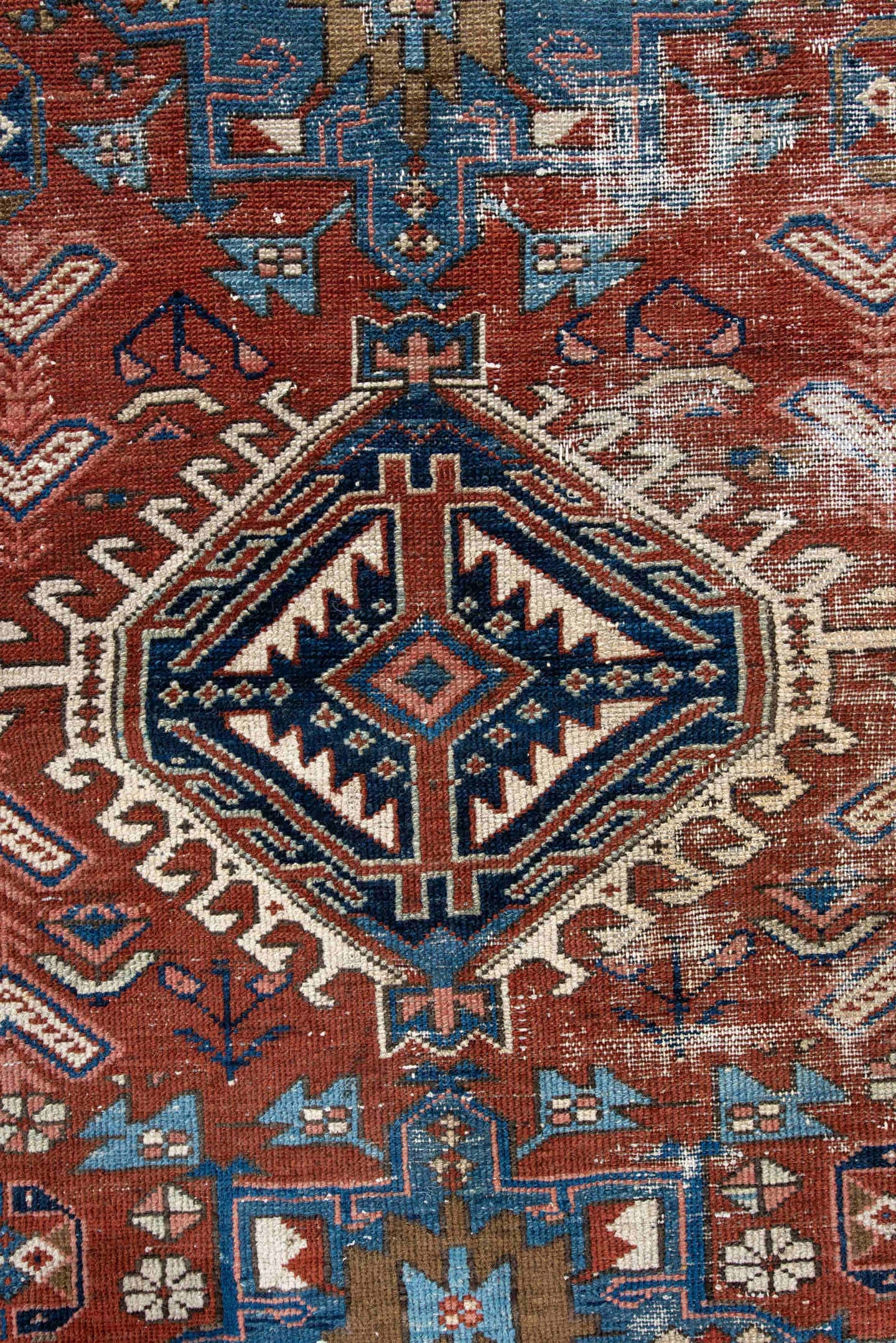 3' x 4' one-of-a-kind handmade antique Karaje small size rug. Color palette: rust, blue, ivory, camel, navy, pink, taupe