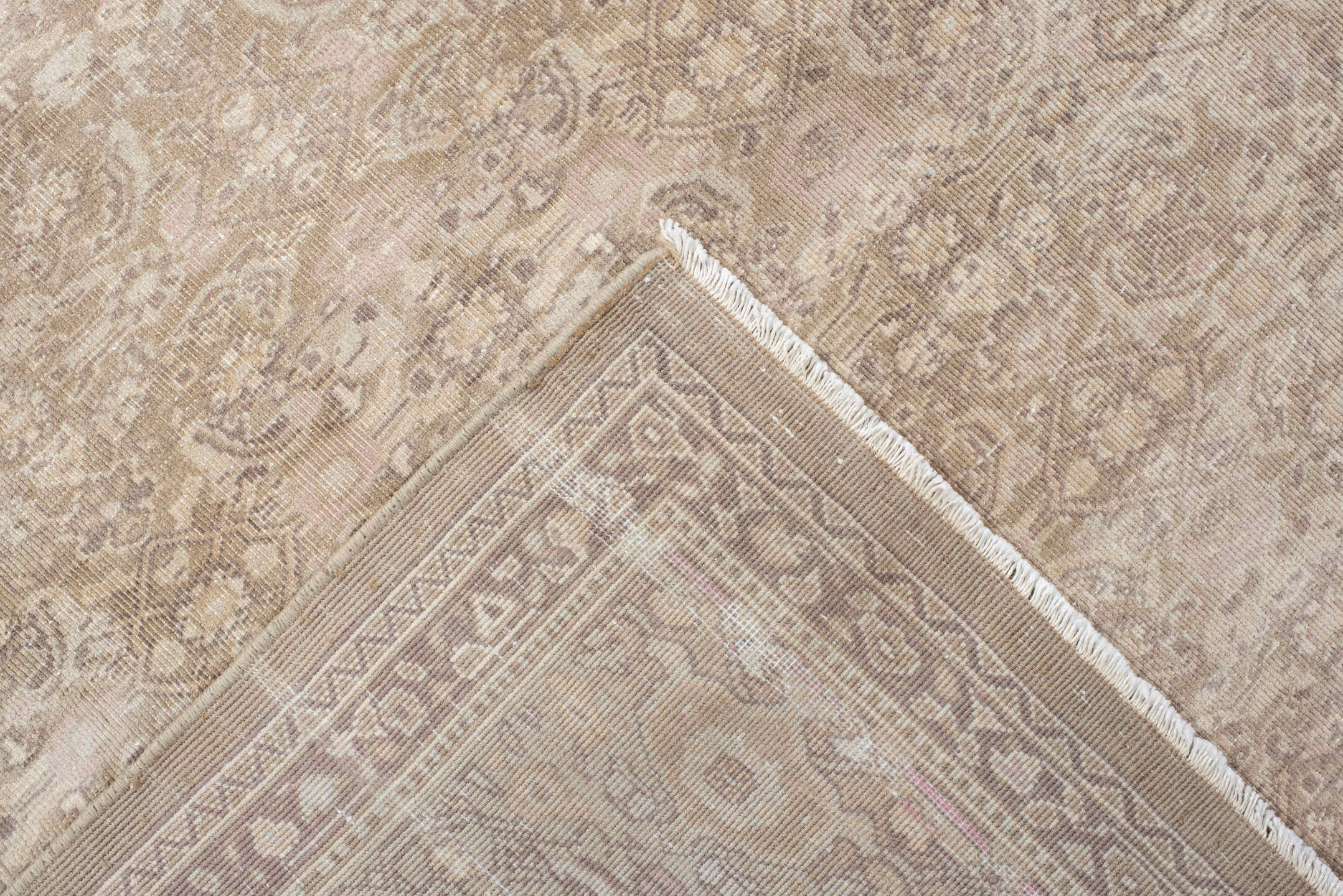 6' x 10' one-of-a-kind handmade vintage Sivas large size rug. Color palette: brown, gray, off-white, pink, light gray
