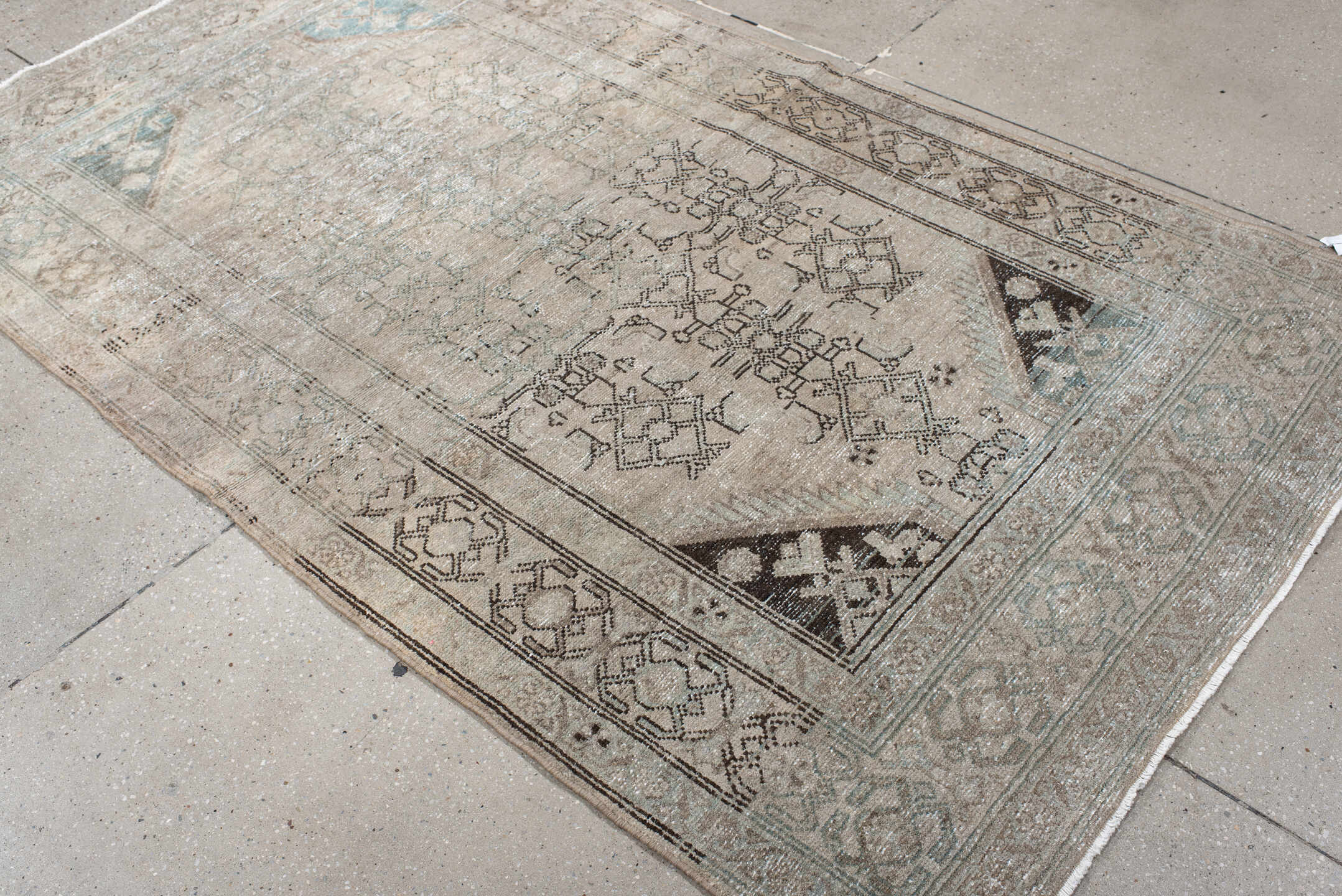 4' x 7' one-of-a-kind handmade vintage Hamadan rug. Color palette: ivory, taupe, light blue, charcoal, beige, gray, black