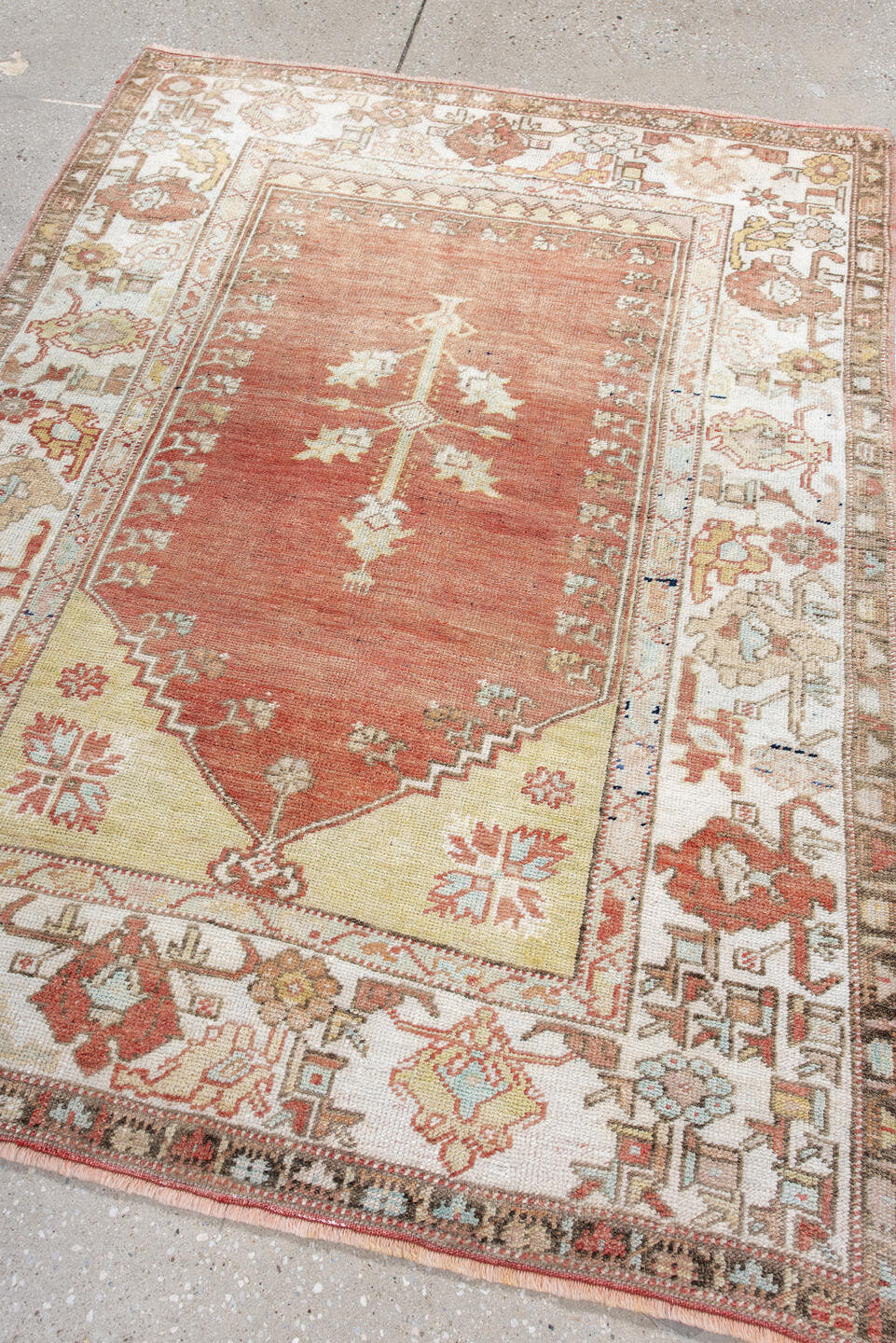 3' x 4' one-of-a-kind handmade antique Oushak small size rug. Color palette: ivory, terra cotta, sage, taupe, rust, gold