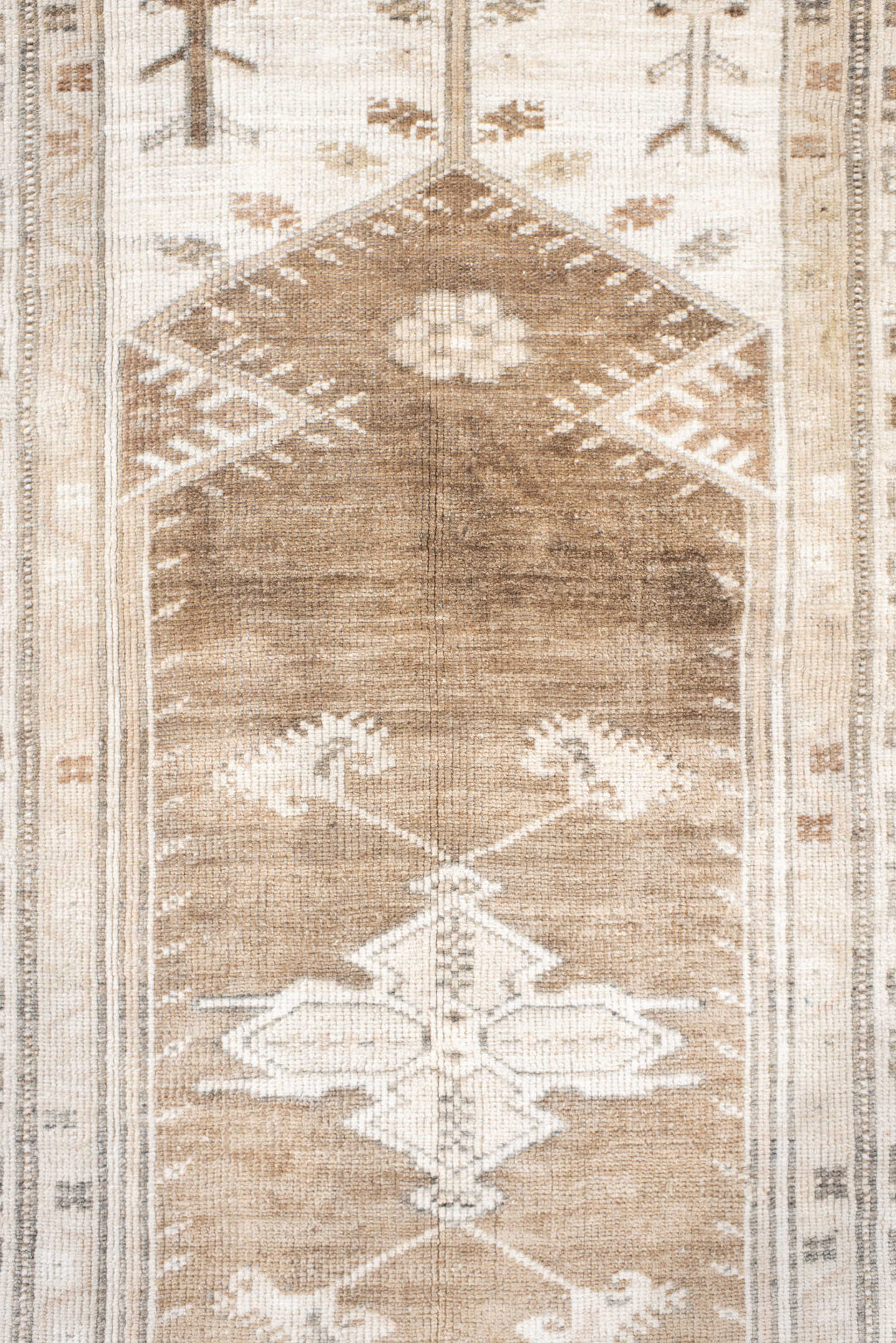 3' x 6' one-of-a-kind handmade antique Anatolian small size rug. Color palette: ivory, camel, taupe, beige, brown, gray