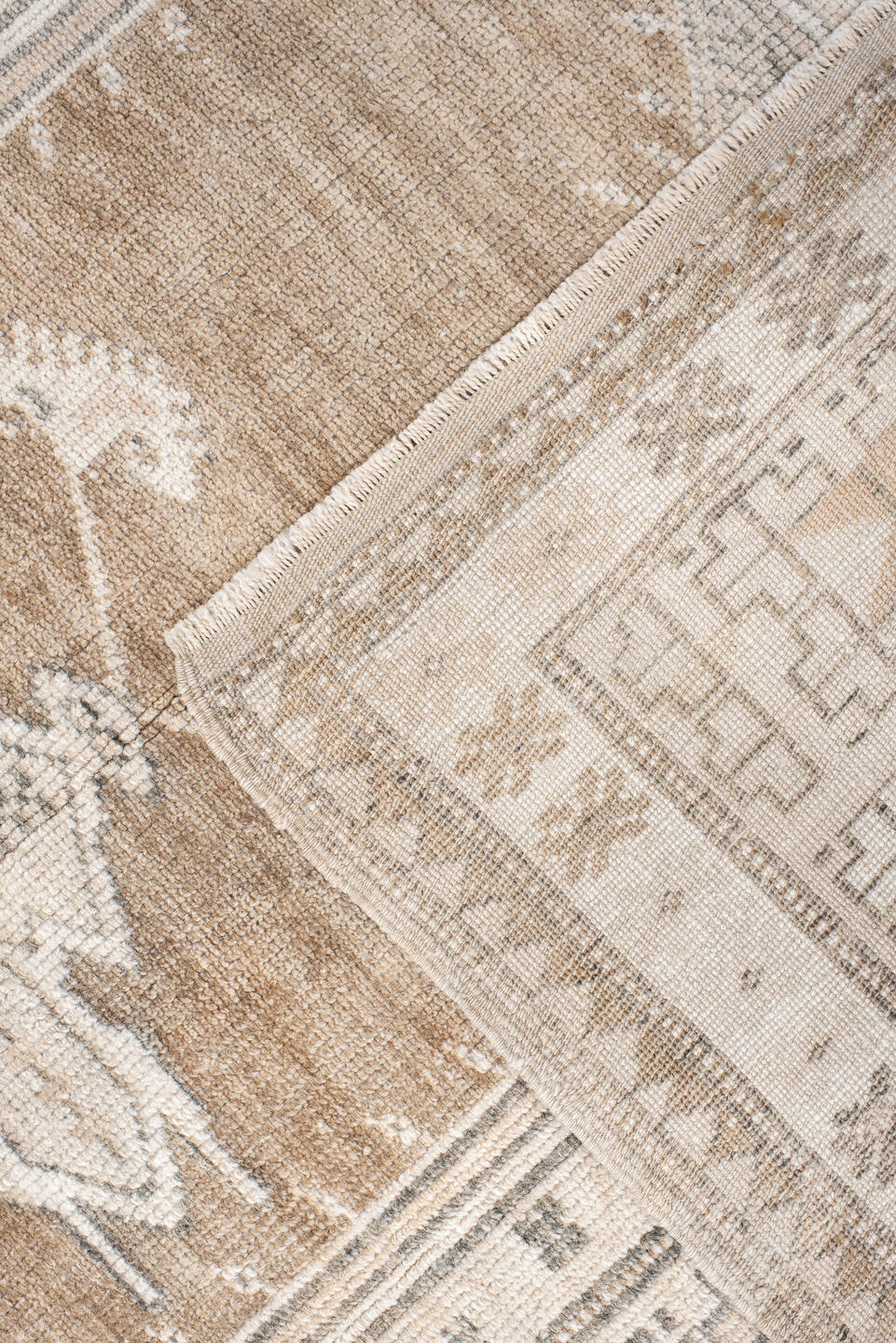 3' x 6' one-of-a-kind handmade antique Anatolian small size rug. Color palette: ivory, camel, taupe, beige, brown, gray
