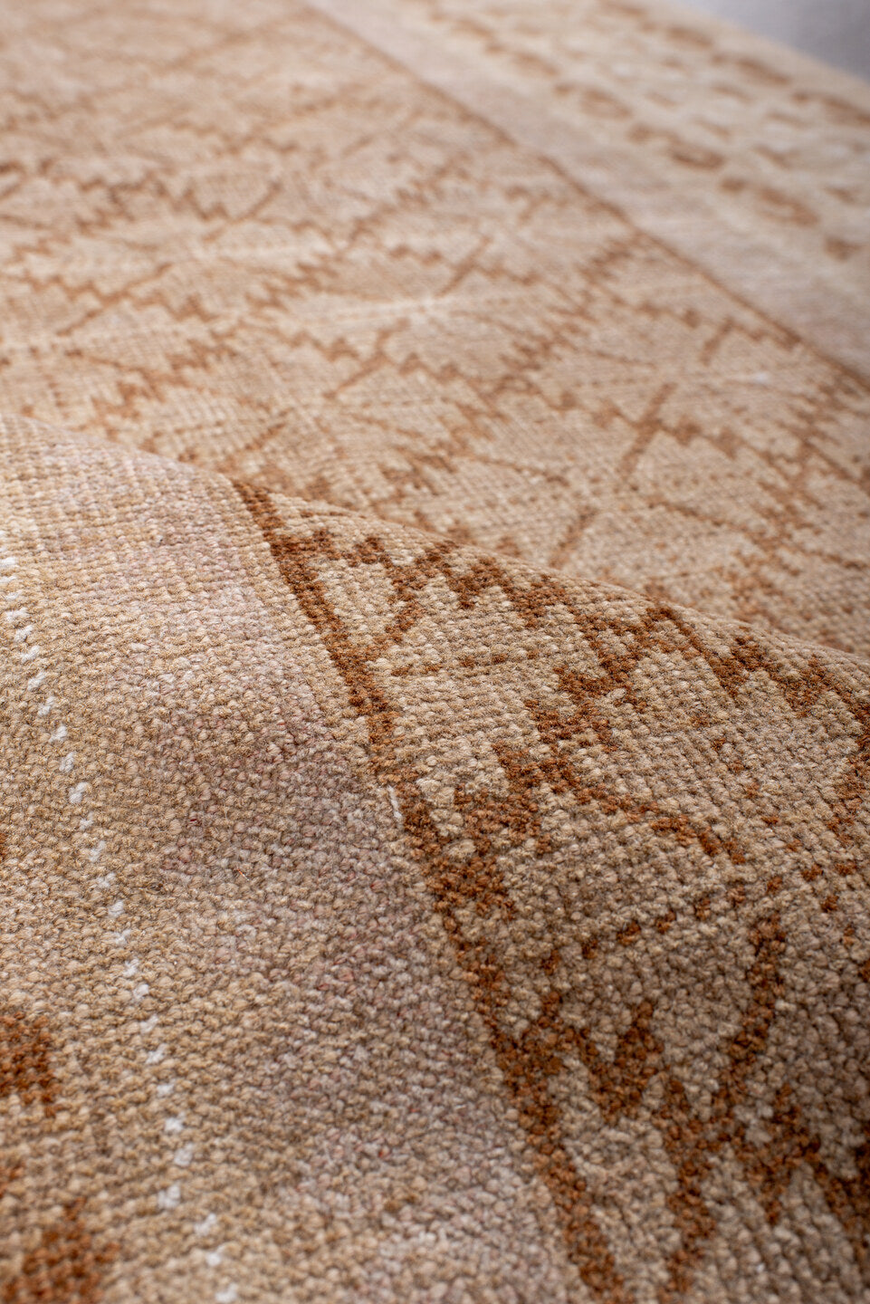 3' x 4' one-of-a-kind handmade vintage Karaje small size rug. Color palette: brown, gray, light gray, off-white, orange