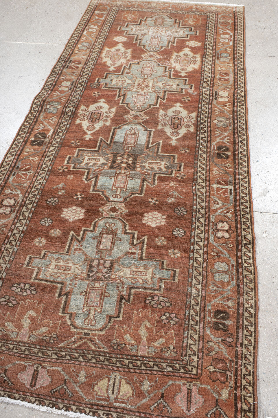 3' x 7' one-of-a-kind handmade antique Hamadan runner rug. Color palette: rust, terra cotta, ivory, sky blue, brown