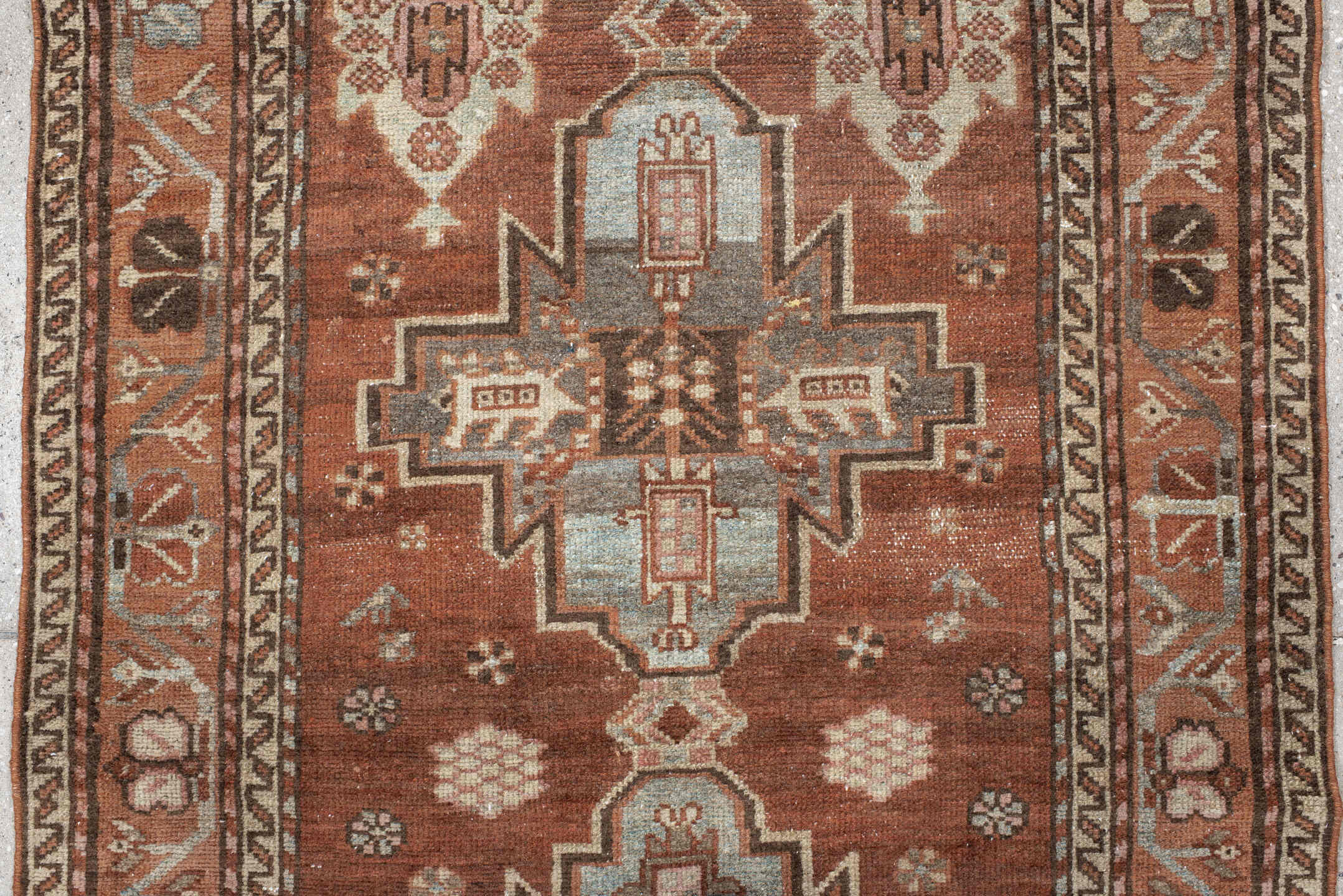 3' x 7' one-of-a-kind handmade antique Hamadan runner rug. Color palette: rust, terra cotta, ivory, sky blue, brown