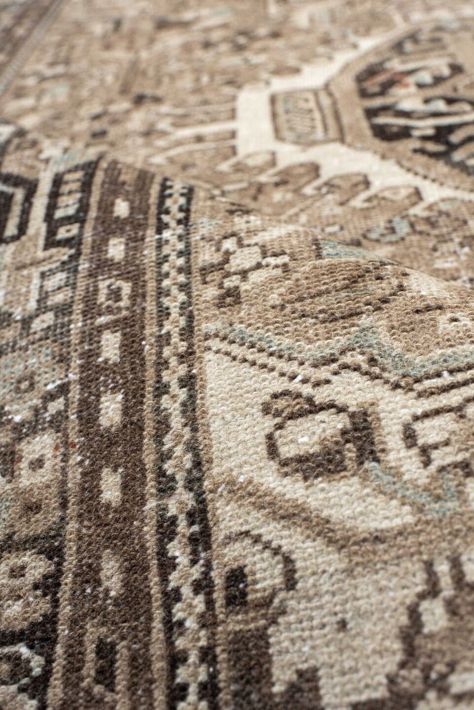 4' x 6' one-of-a-kind handmade antique Karaje small size rug. Color palette: taupe, ivory, brown, charcoal, camel, pale_blue