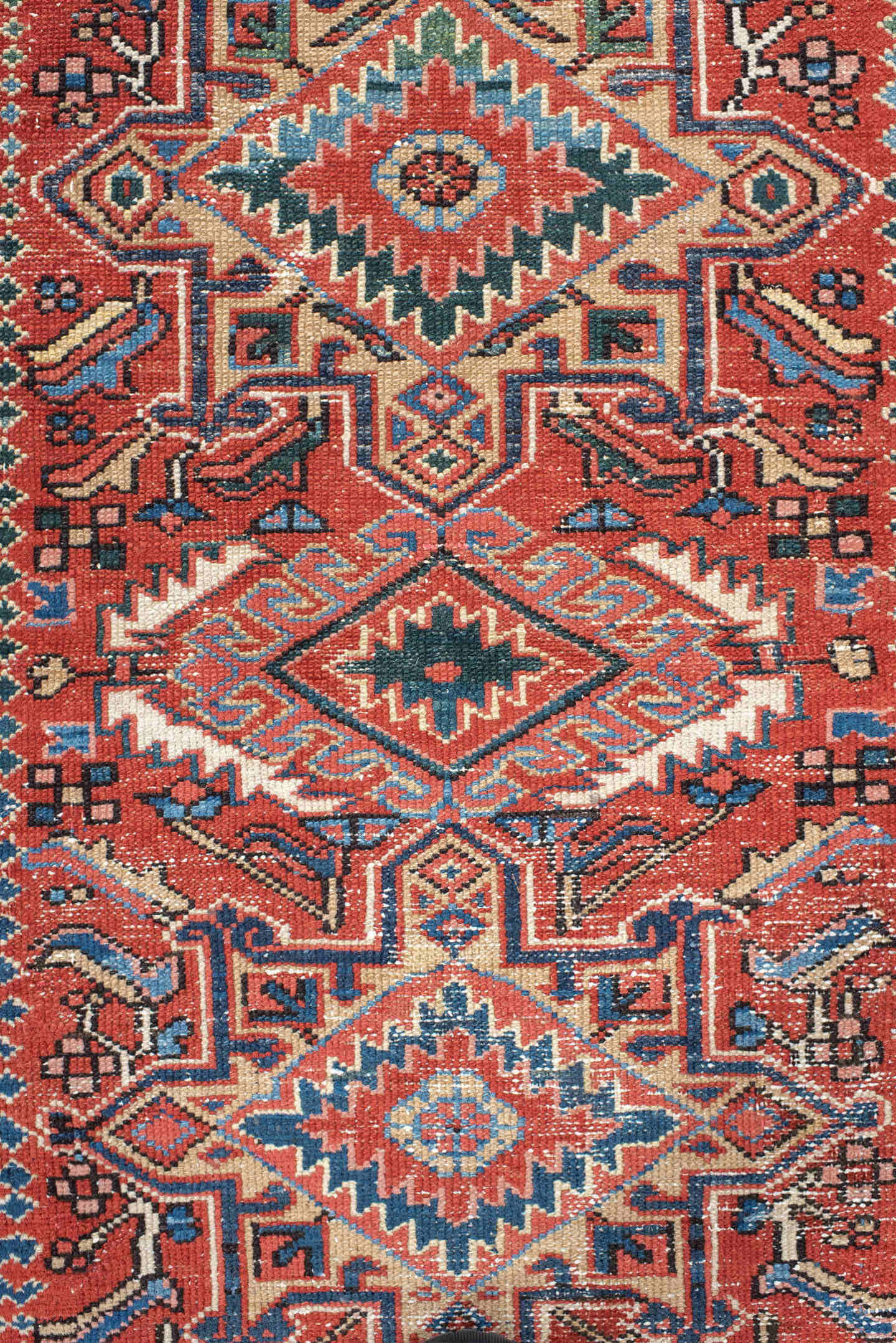 3' x 4' one-of-a-kind handmade antique Karaje small size rug. Color palette: rust, blue, ivory, navy, coral, teal, charcoal