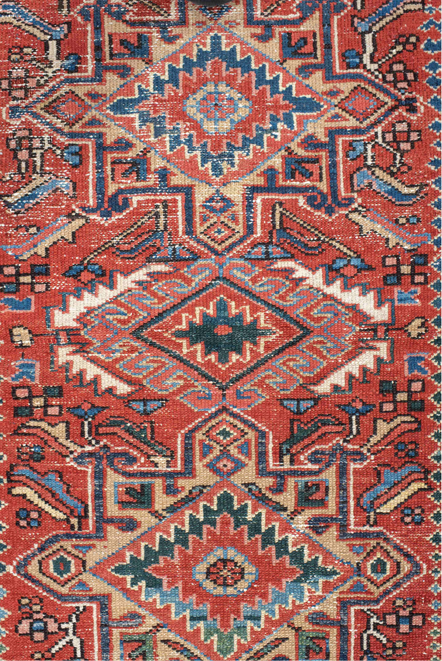 3' x 4' one-of-a-kind handmade antique Karaje small size rug. Color palette: rust, blue, ivory, navy, coral, teal, charcoal