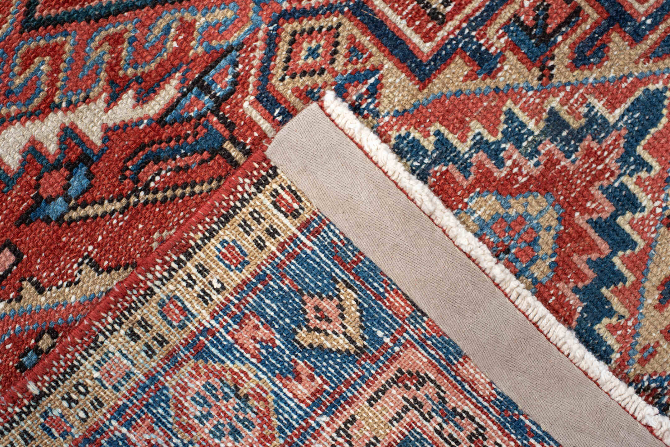 3' x 4' one-of-a-kind handmade antique Karaje small size rug. Color palette: rust, blue, ivory, navy, coral, teal, charcoal