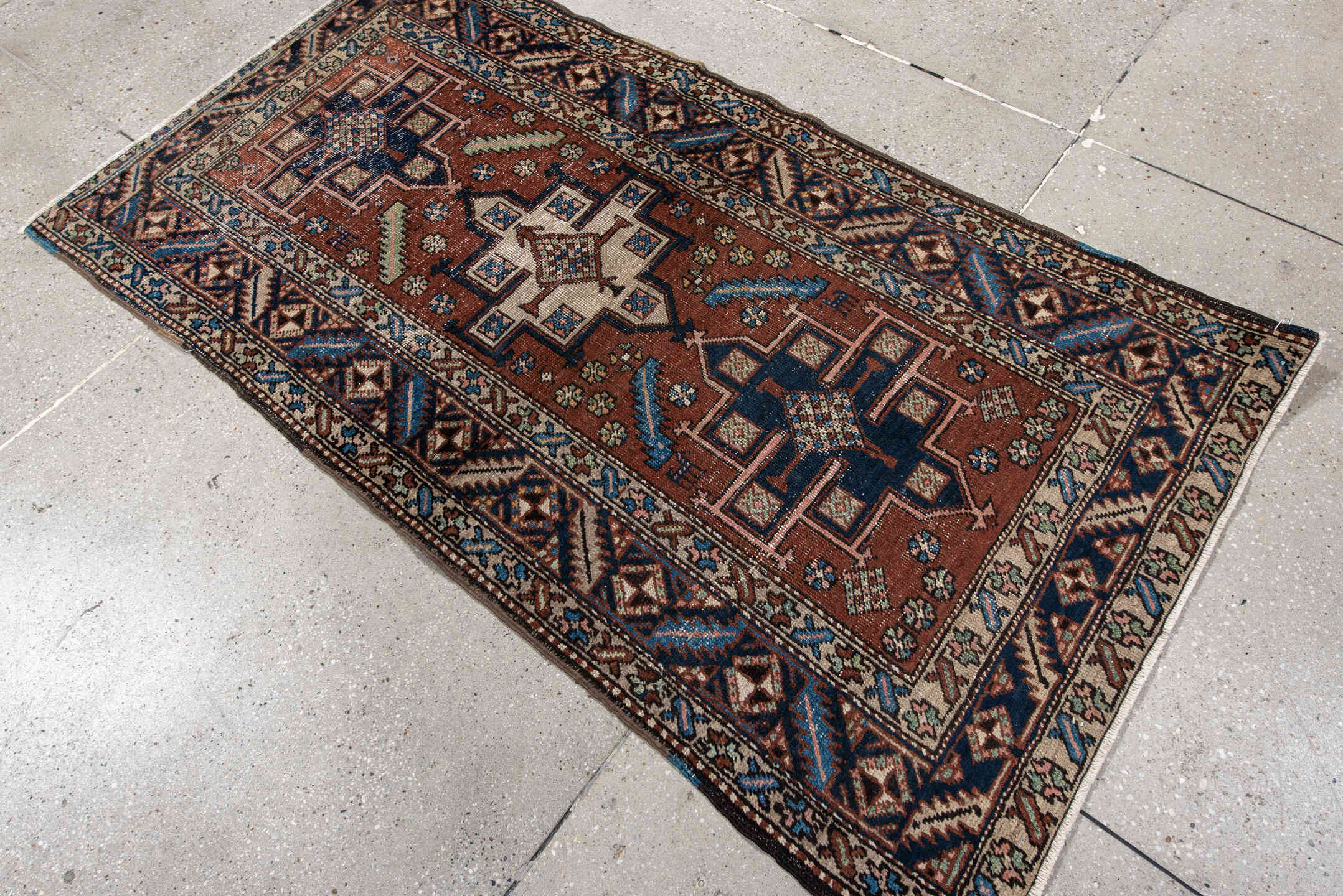 3' x 5' one-of-a-kind handmade vintage Heriz small size rug. Color palette: arapawa, blue, brown, fiord, gray, light gray