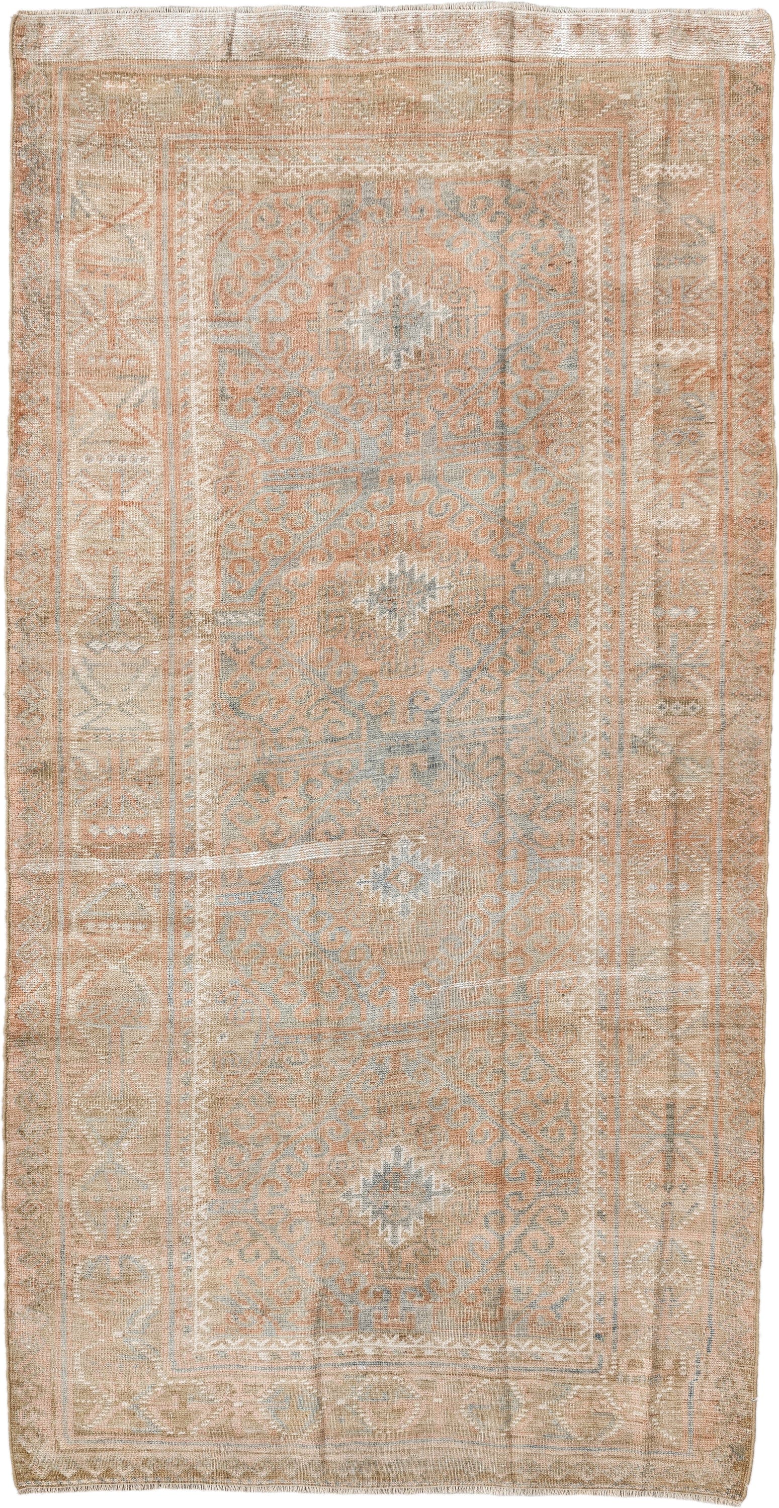 4' x 7' one-of-a-kind handmade vintage Belouch rug. Color palette: camel, taupe, ivory, pale aqua, blush, sand, light gray