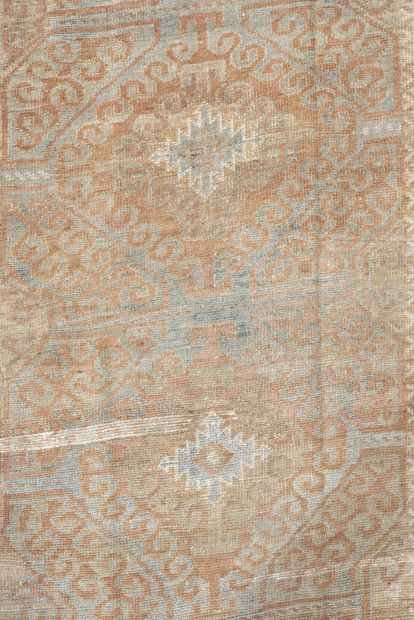 4' x 7' one-of-a-kind handmade vintage Belouch rug. Color palette: camel, taupe, ivory, pale aqua, blush, sand, light gray