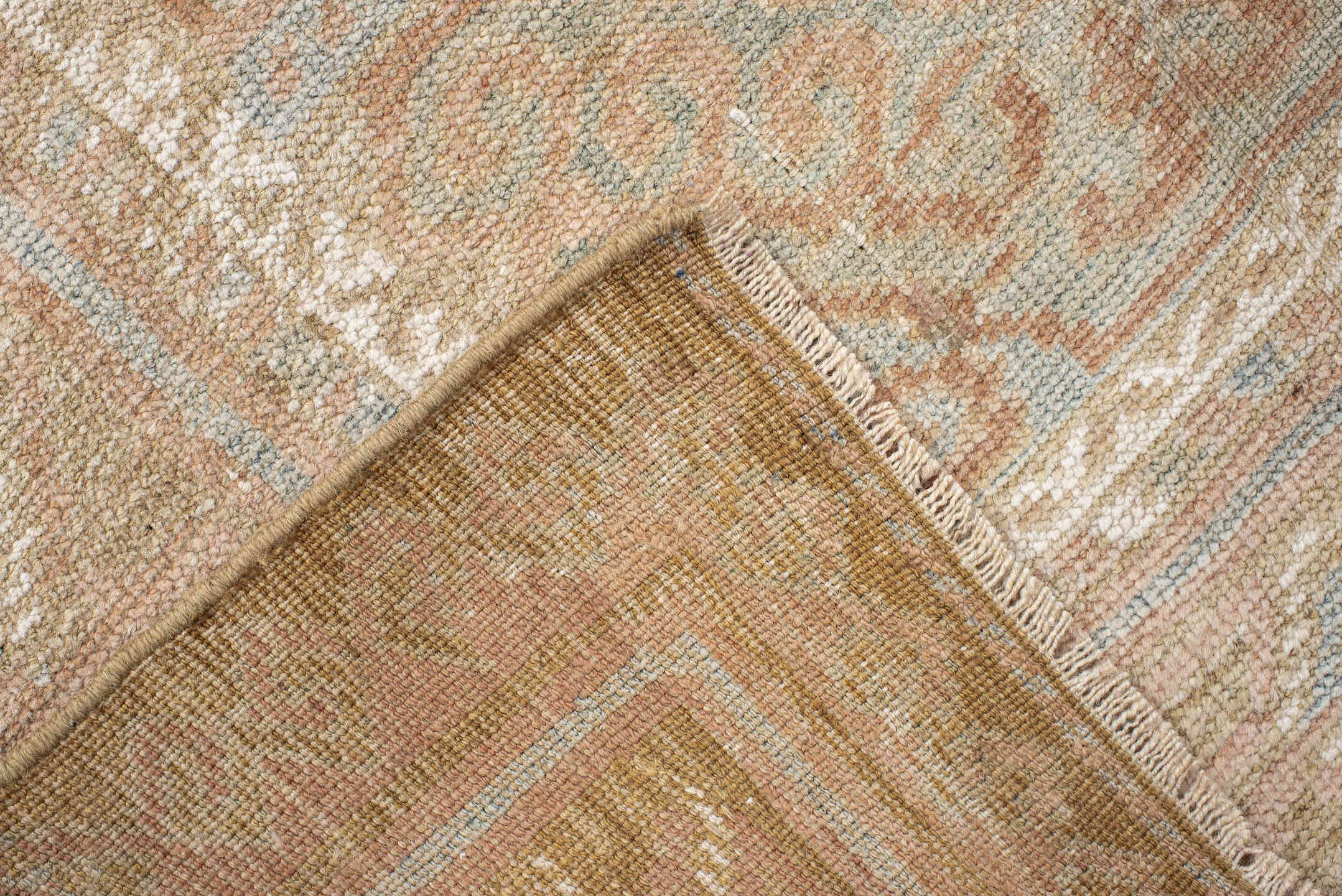 4' x 7' one-of-a-kind handmade vintage Belouch rug. Color palette: camel, taupe, ivory, pale aqua, blush, sand, light gray