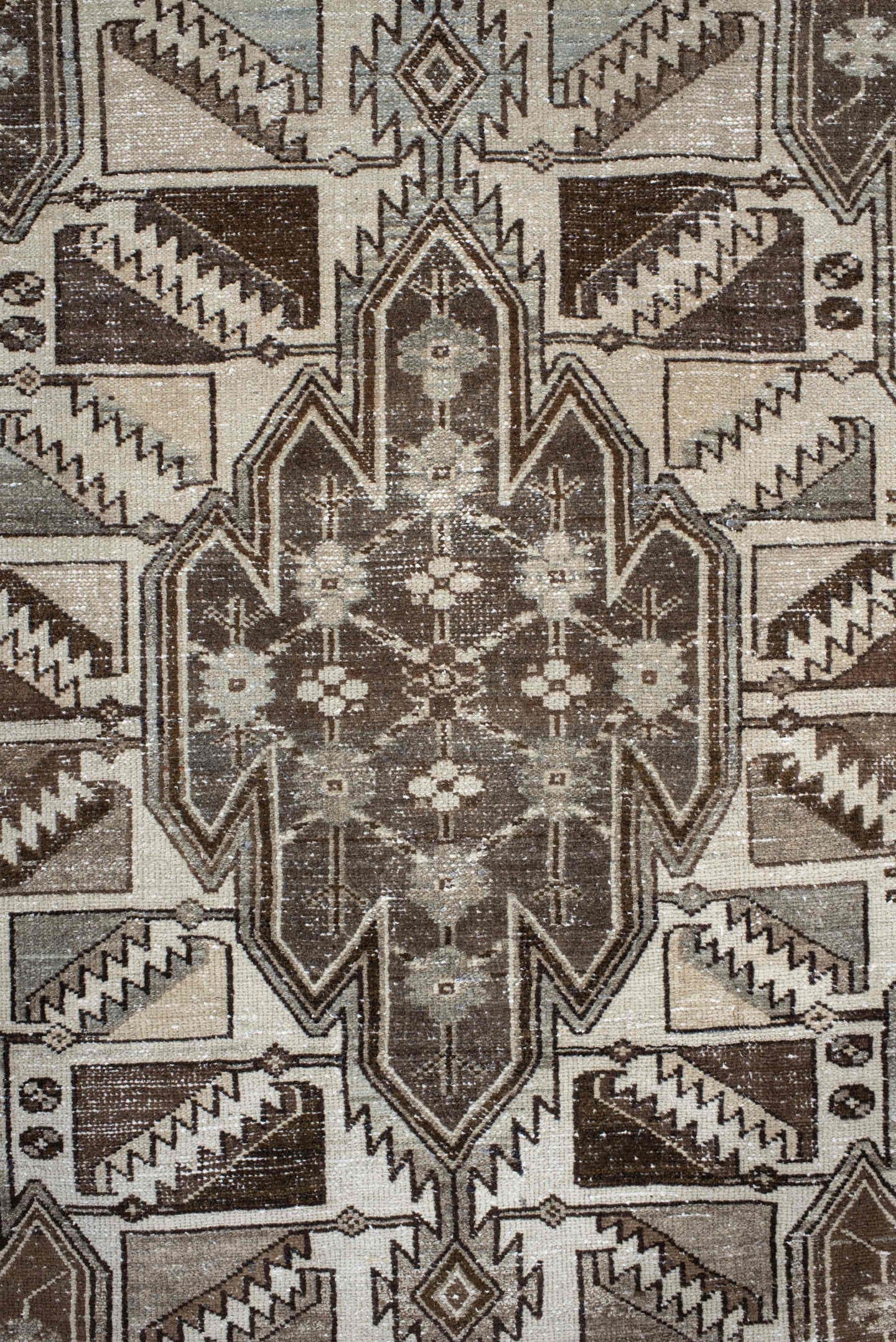 4' x 6' one-of-a-kind handmade vintage Malayer small size rug. Color palette: ivory, taupe, brown, rust, charcoal, camel