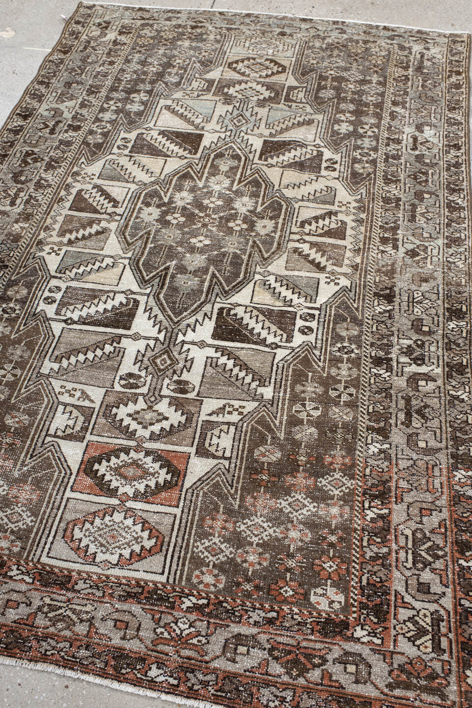 4' x 6' one-of-a-kind handmade vintage Malayer small size rug. Color palette: ivory, taupe, brown, rust, charcoal, camel