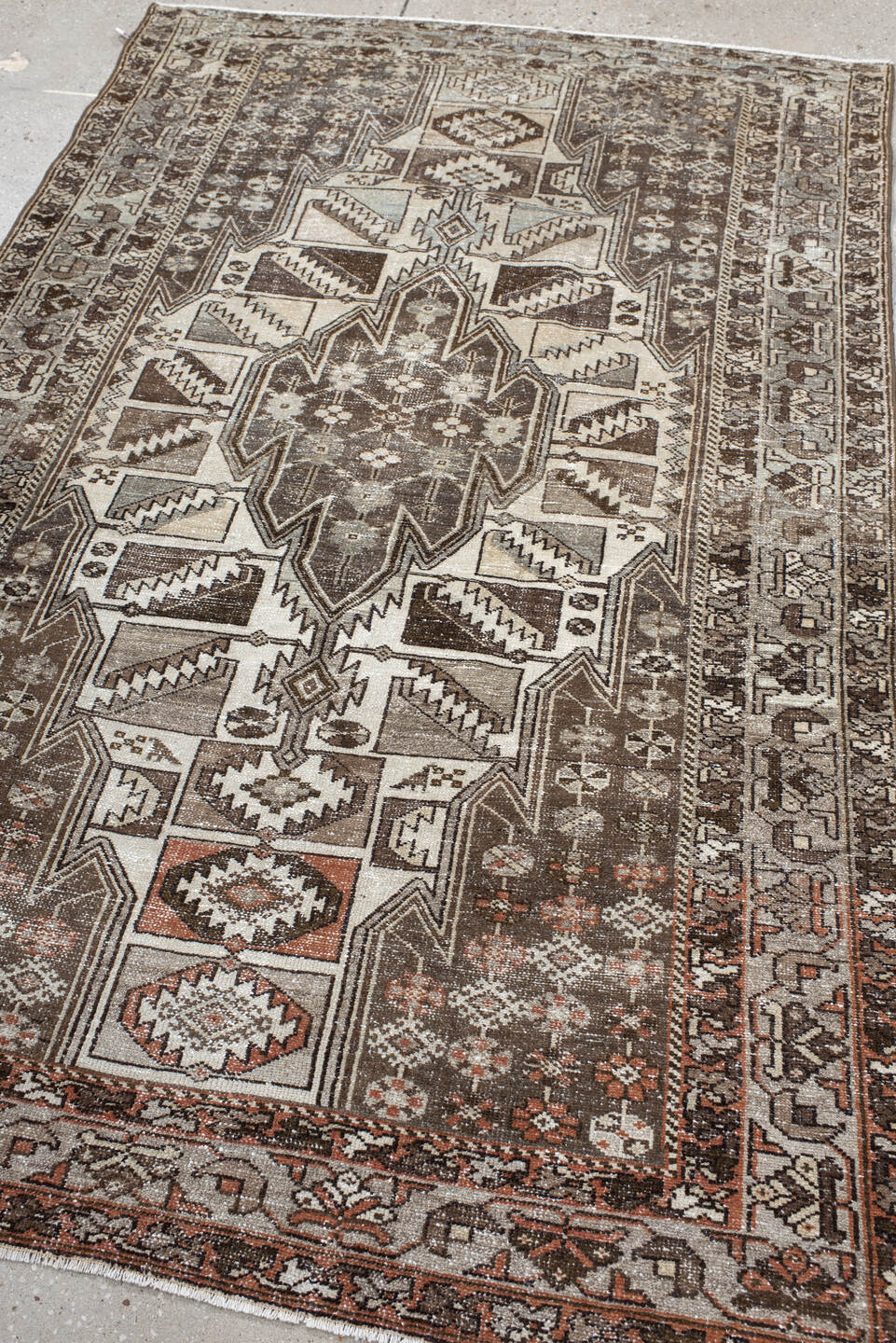 4' x 6' one-of-a-kind handmade vintage Malayer small size rug. Color palette: ivory, taupe, brown, rust, charcoal, camel