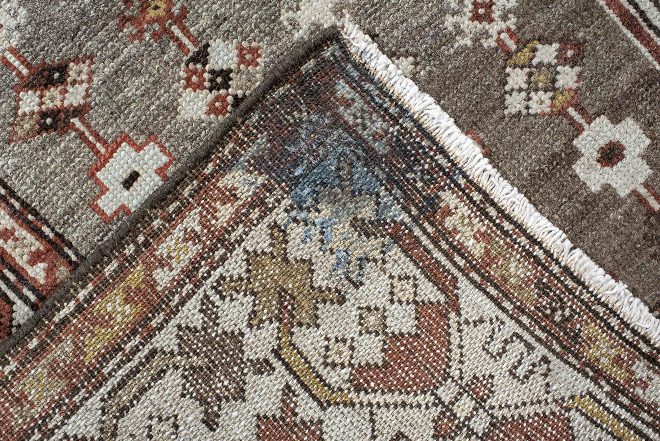 4' x 6' one-of-a-kind handmade vintage Malayer small size rug. Color palette: ivory, rust, taupe, brown, soft blue, charcoal
