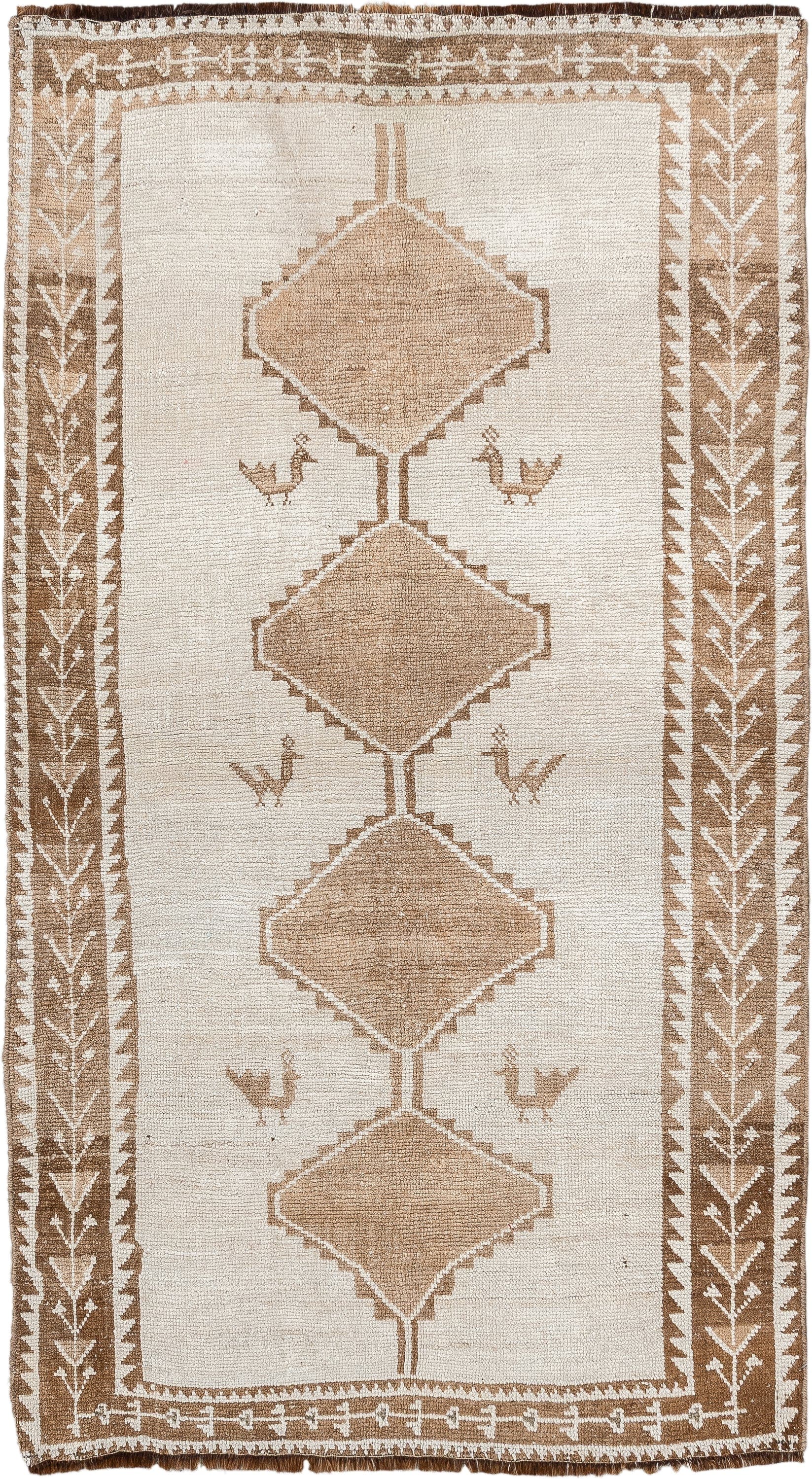 4' x 6' one-of-a-kind handmade antique Gabbe small size rug. Color palette: ivory, camel, taupe, brown, beige, gray