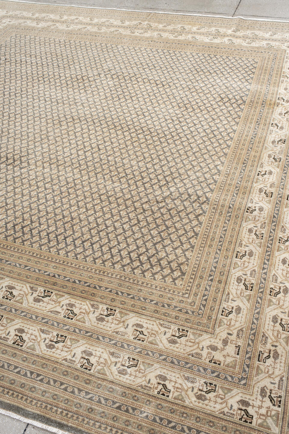 9' x 9' one-of-a-kind handmade vintage Saraband rug. Color palette: pink, off-white, gray, brown, light gray, antiquewhite