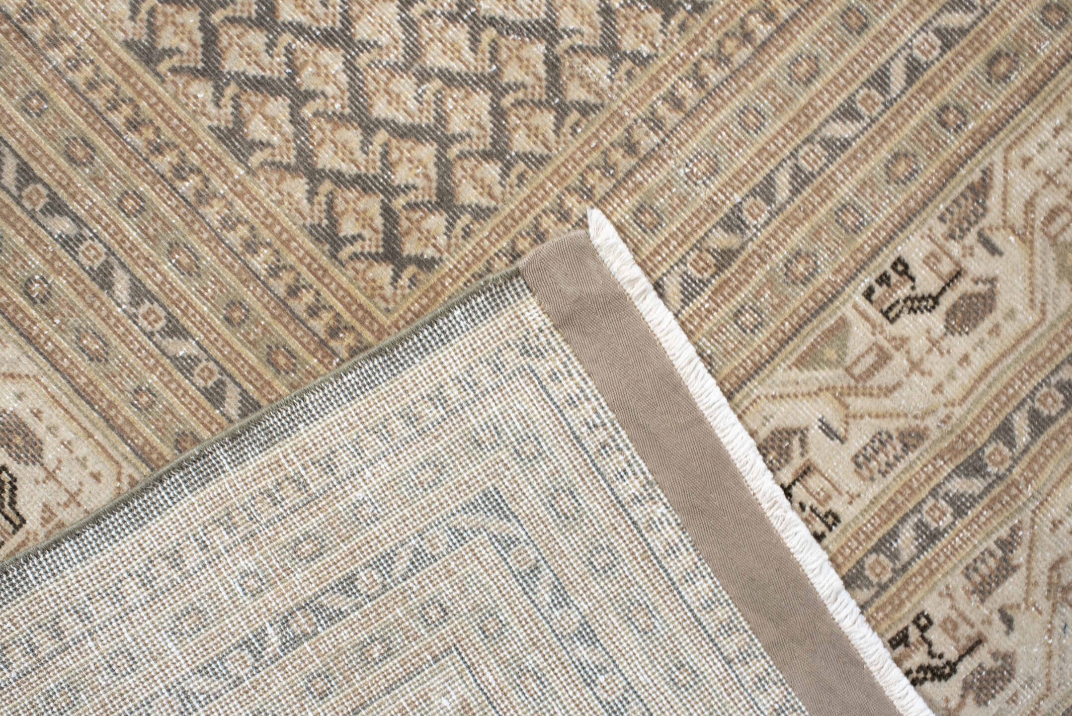 9' x 9' one-of-a-kind handmade vintage Saraband rug. Color palette: pink, off-white, gray, brown, light gray, antiquewhite