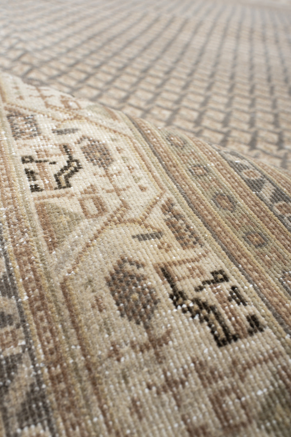 9' x 9' one-of-a-kind handmade vintage Saraband rug. Color palette: pink, off-white, gray, brown, light gray, antiquewhite