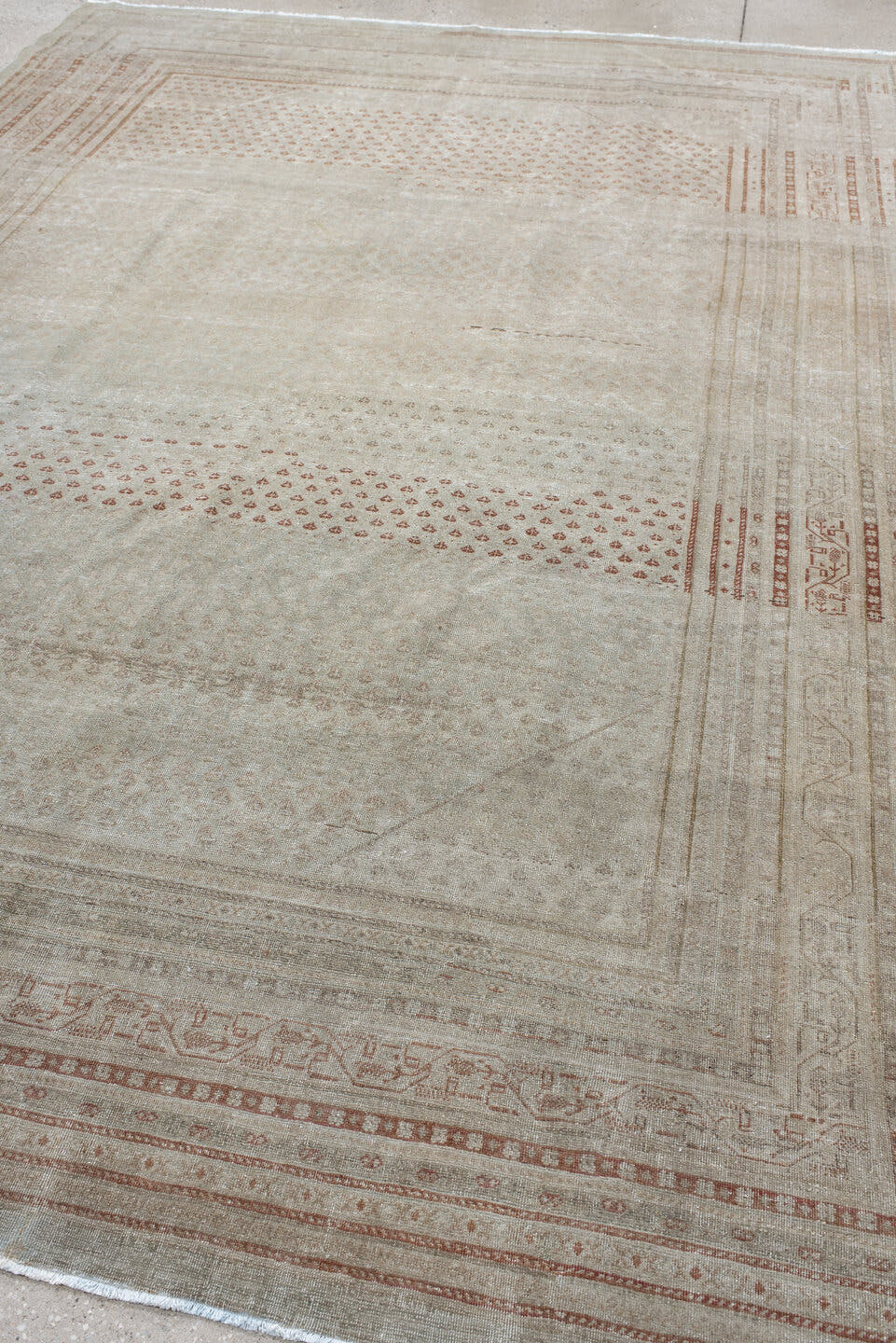 8' x 11' one-of-a-kind handmade antique Mir large size rug. Color palette: ivory, taupe, rust, beige, camel, gray