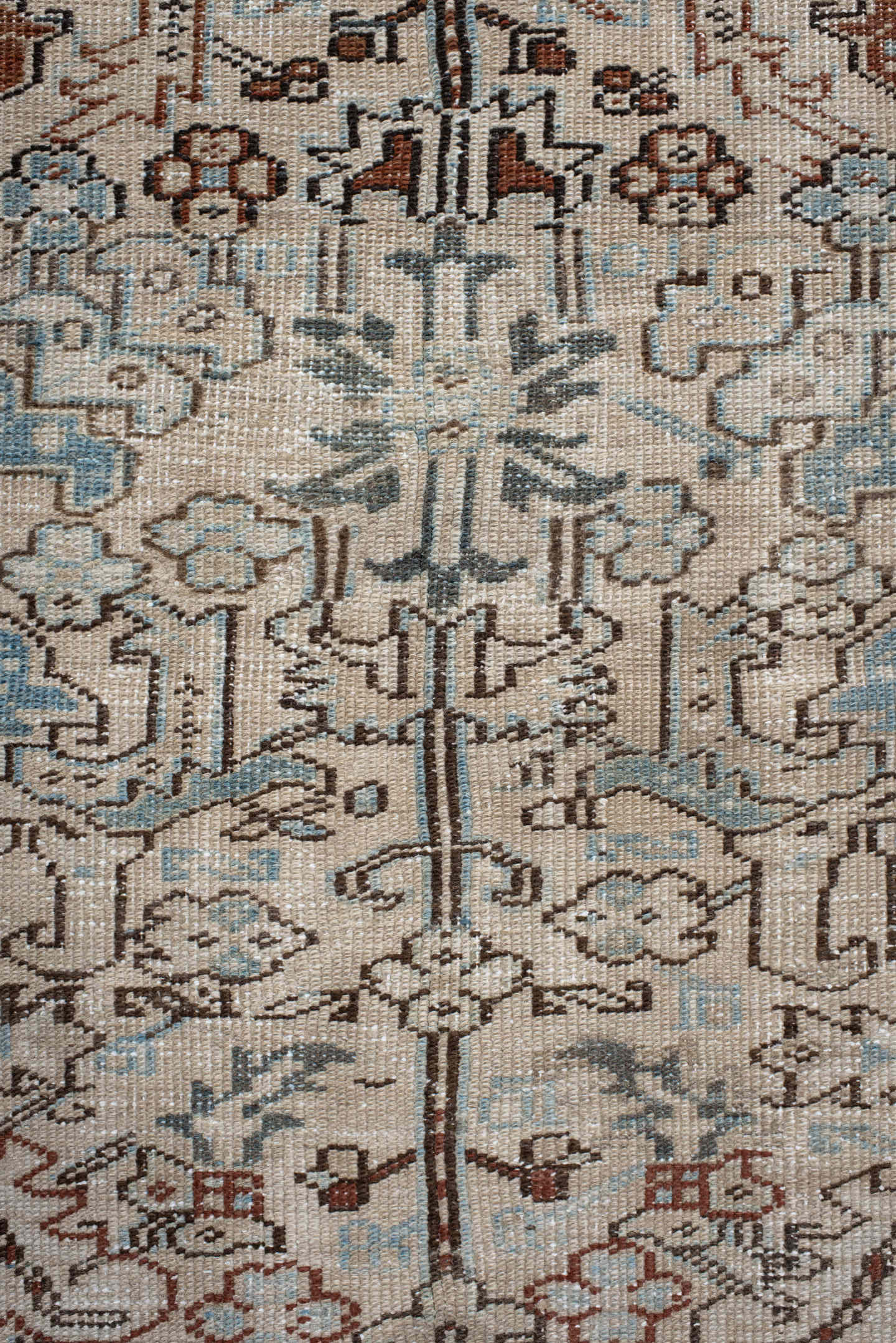 7' x 8' one-of-a-kind handmade antique Heriz rug. Color palette: ivory, sky blue, slate, taupe, rust, charcoal, camel
