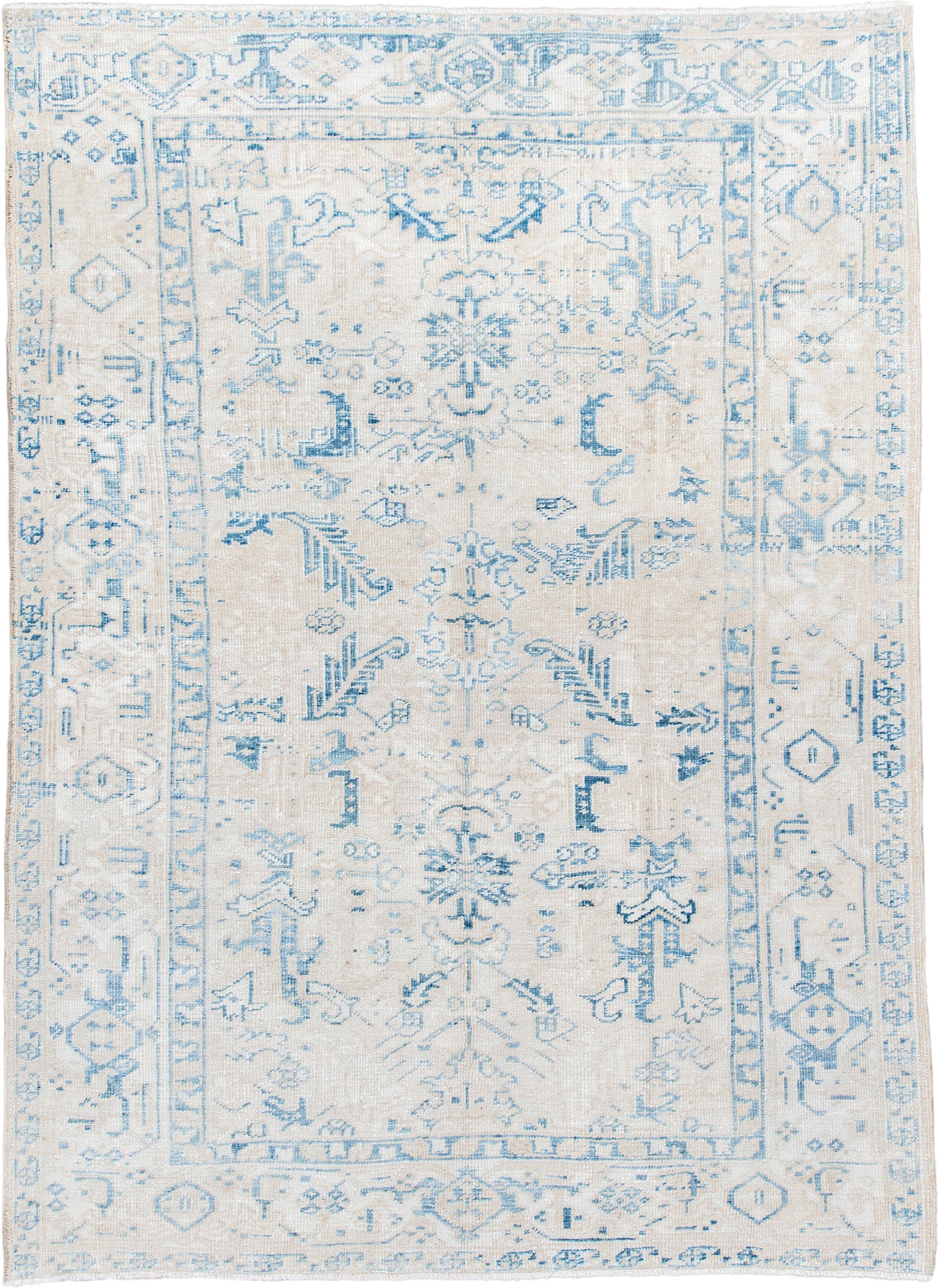 5' x 8' one-of-a-kind handmade antique Heriz medium size rug. Color palette: ivory, sky blue, ice blue, cream, beige