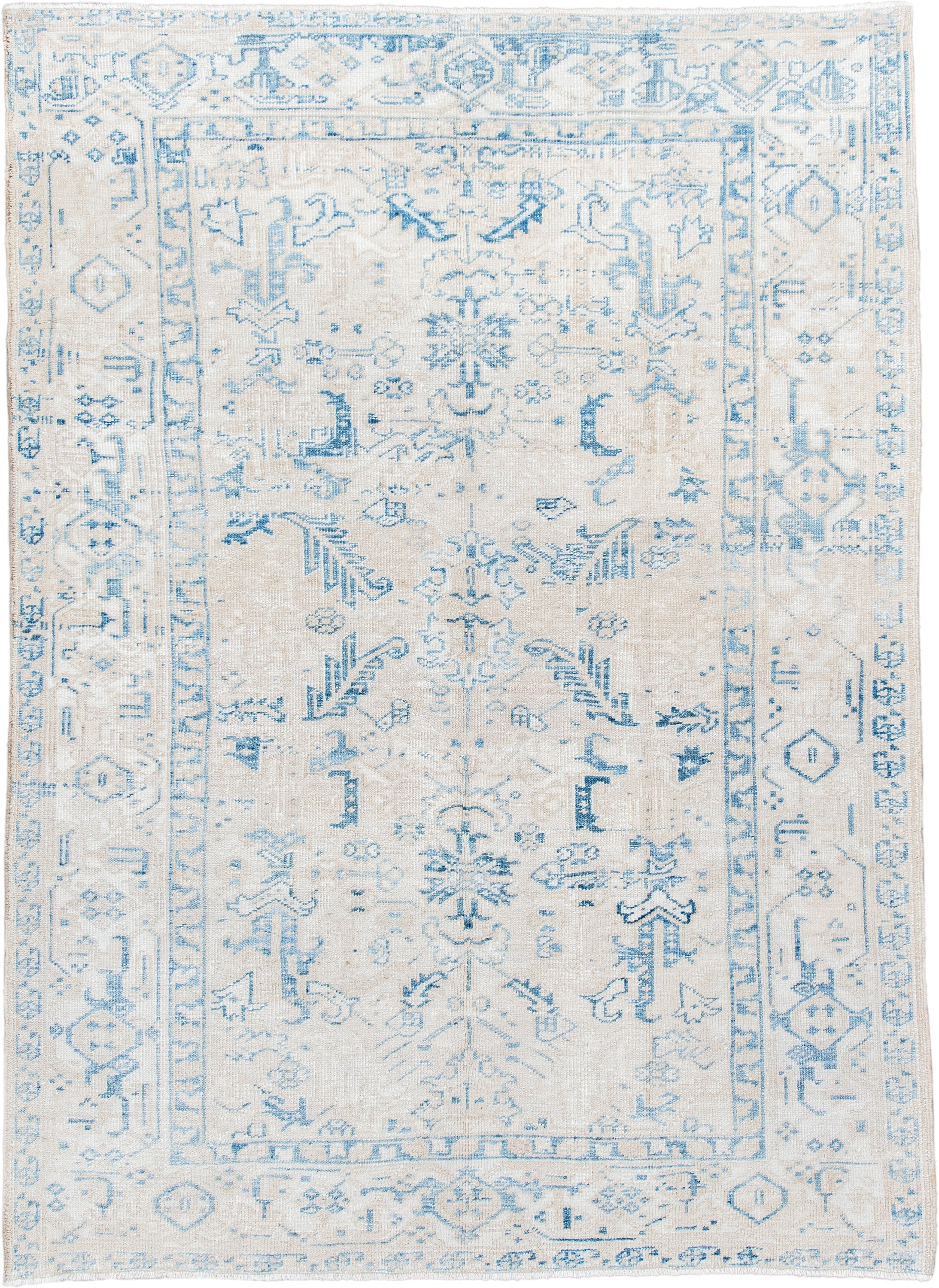 5' x 8' one-of-a-kind handmade antique Heriz medium size rug. Color palette: ivory, sky blue, ice blue, cream, beige