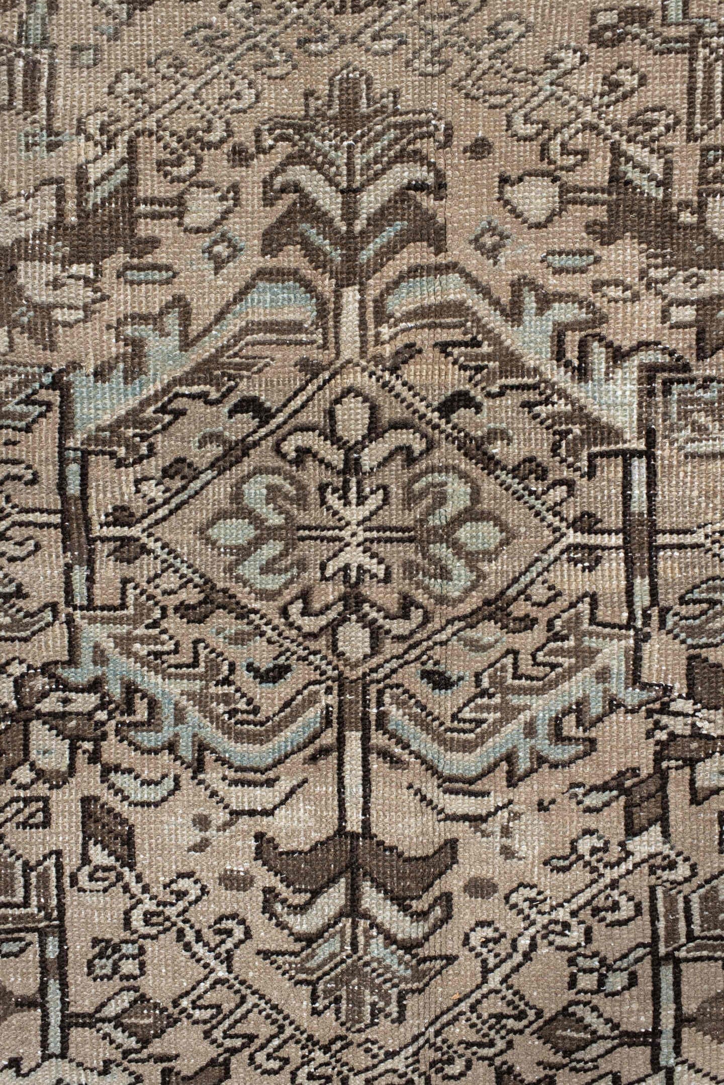 6' x 8' one-of-a-kind handmade antique medium size rug. Color palette: ivory, taupe, slate, charcoal, brown, sky blue