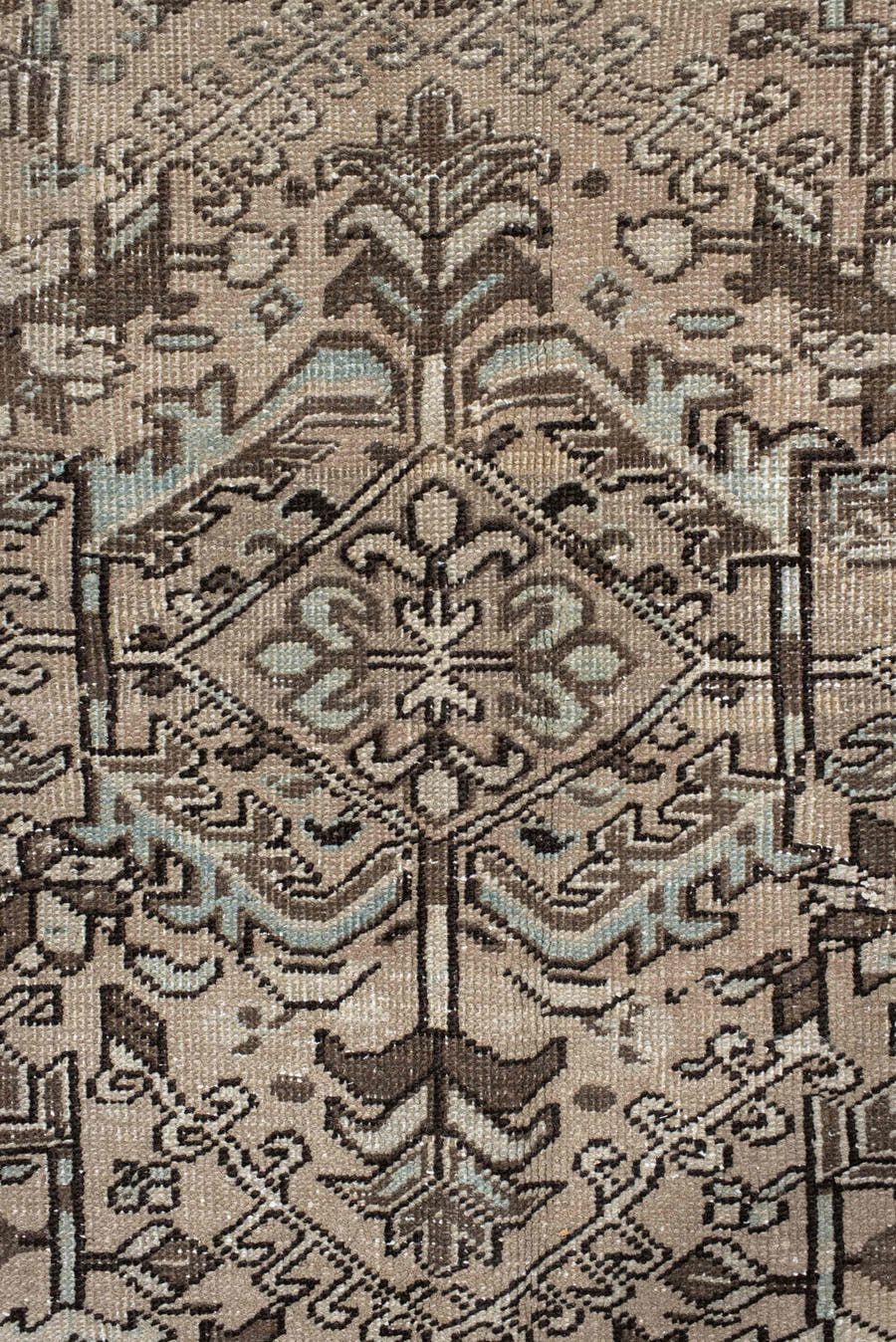 6' x 8' one-of-a-kind handmade antique medium size rug. Color palette: ivory, taupe, slate, charcoal, brown, sky blue