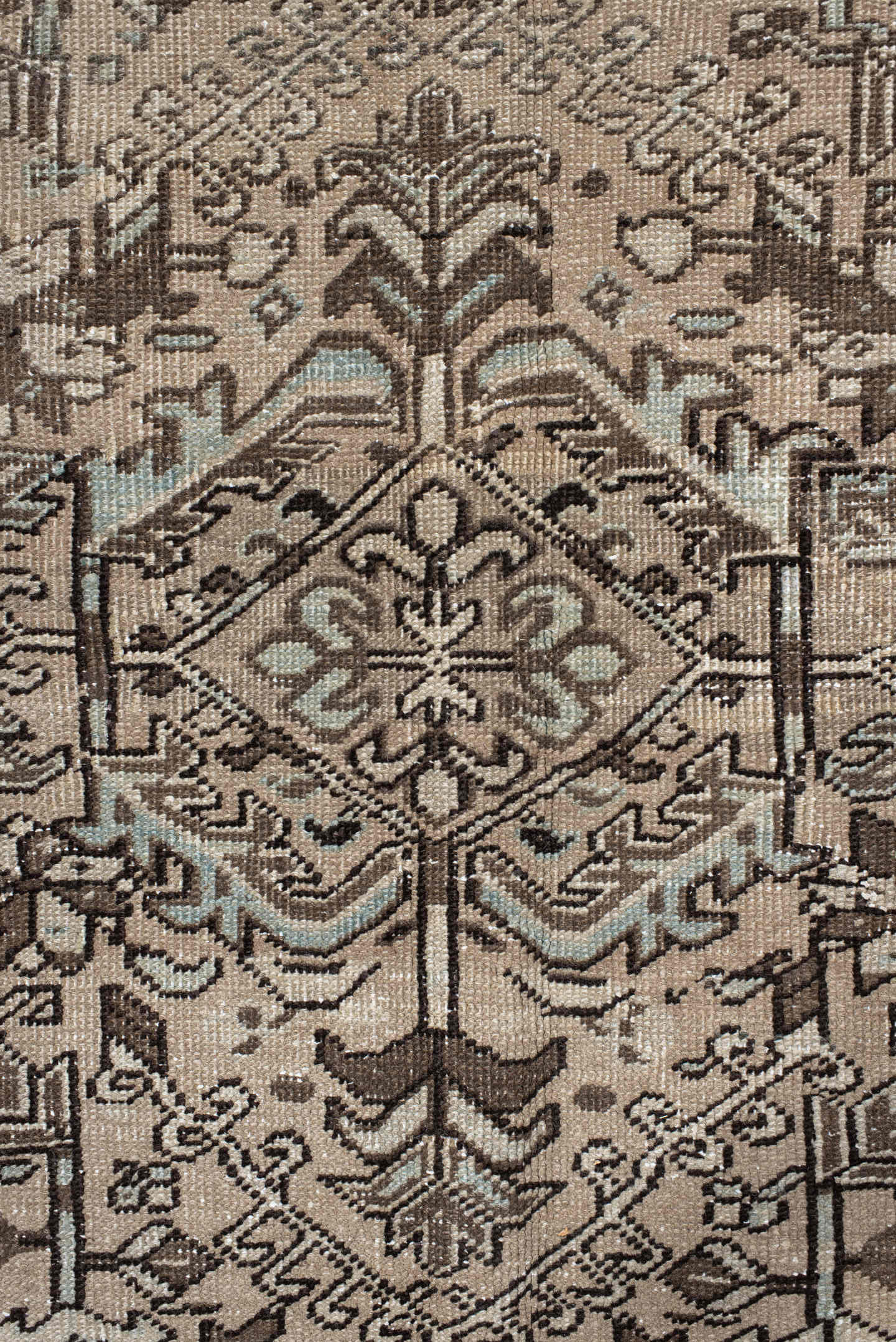 6' x 8' one-of-a-kind handmade antique medium size rug. Color palette: ivory, taupe, slate, charcoal, brown, sky blue