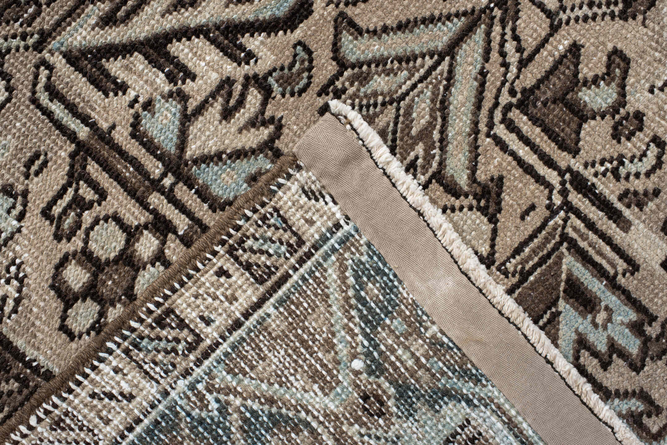 6' x 8' one-of-a-kind handmade antique medium size rug. Color palette: ivory, taupe, slate, charcoal, brown, sky blue