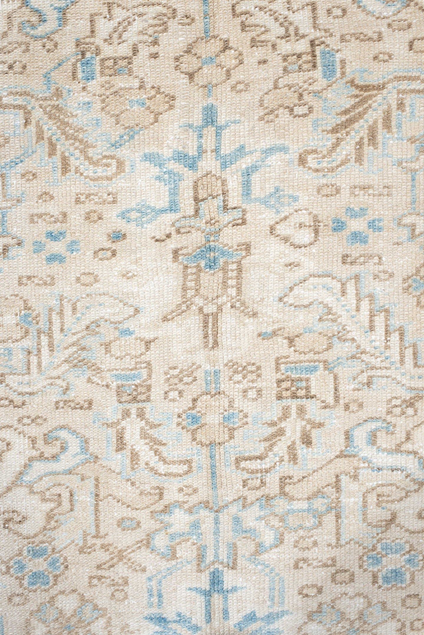 5' x 8' one-of-a-kind handmade vintage Heriz medium size rug. Color palette: ivory, taupe, sky blue, beige, gray, light blue