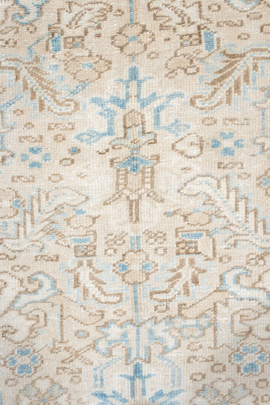 5' x 8' one-of-a-kind handmade vintage Heriz medium size rug. Color palette: ivory, taupe, sky blue, beige, gray, light blue