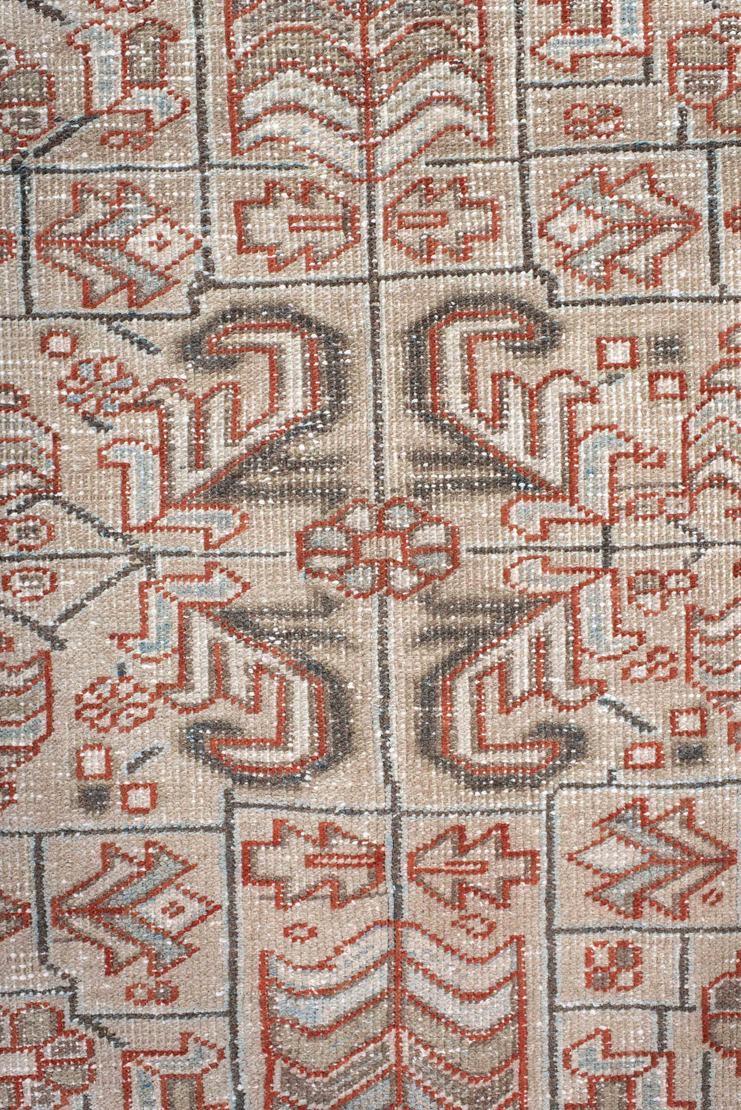 6' x 9' one-of-a-kind handmade antique Heriz medium size rug. Color palette: ivory, charcoal, rust, sky_blue, taupe, gray