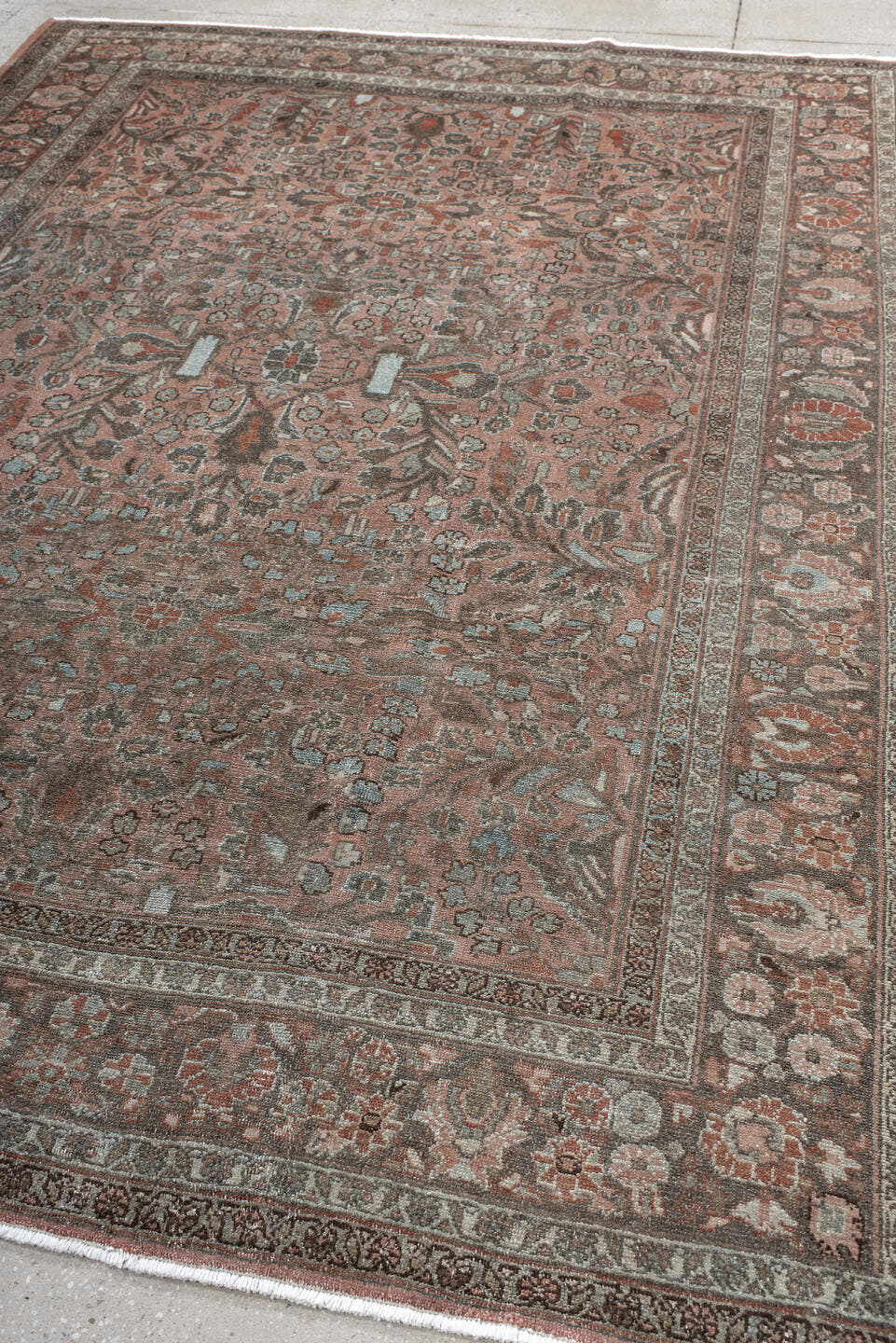 7' x 9' one-of-a-kind handmade antique Lilian rug. Color palette: rose, charcoal, dusty pink, ivory, taupe, rust, slate