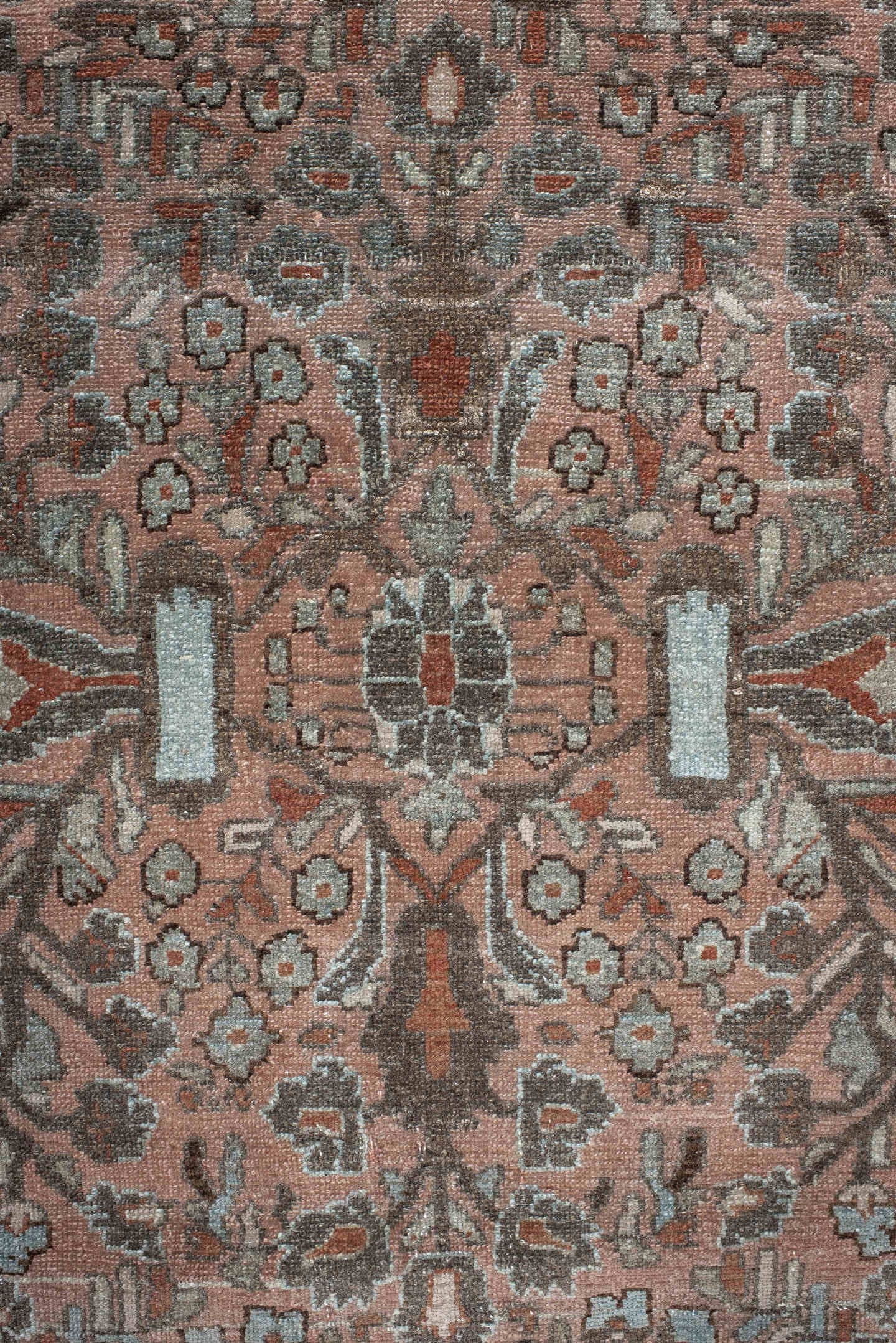 7' x 9' one-of-a-kind handmade antique Lilian rug. Color palette: rose, charcoal, dusty pink, ivory, taupe, rust, slate