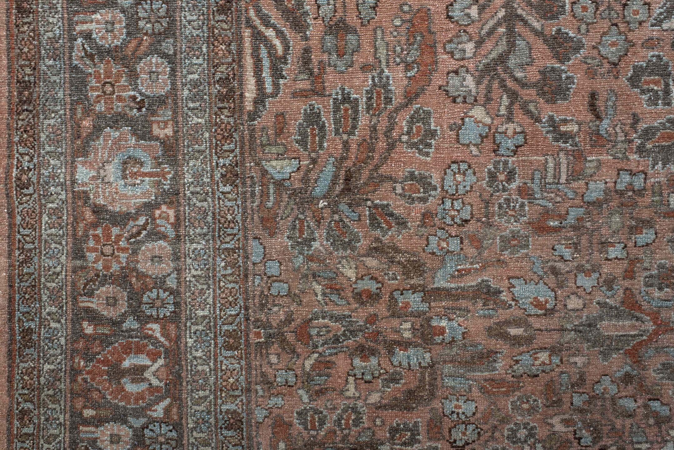 7' x 9' one-of-a-kind handmade antique Lilian rug. Color palette: rose, charcoal, dusty pink, ivory, taupe, rust, slate