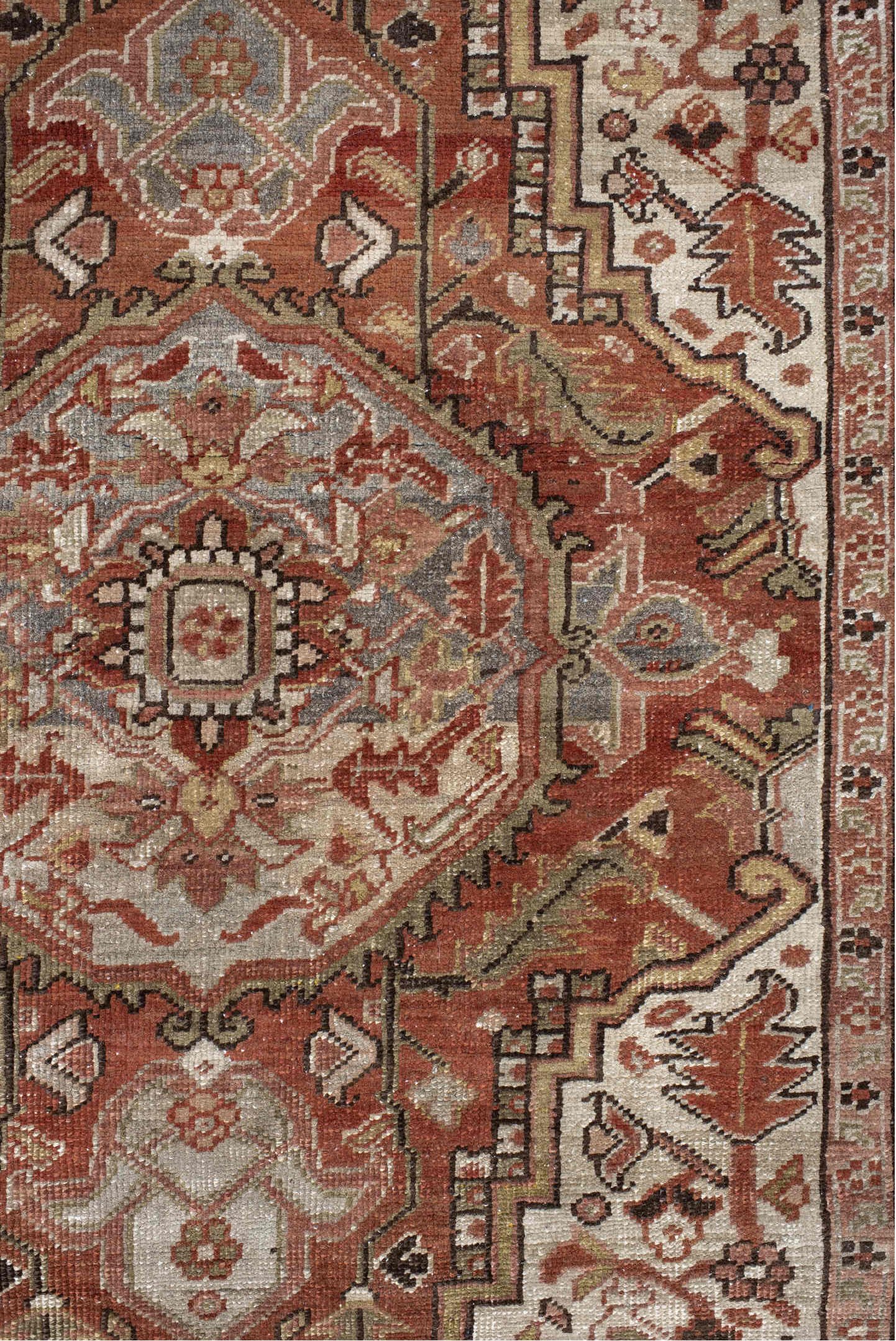 3' x 6' one-of-a-kind handmade vintage Heriz small size rug. Color palette: terra cotta, ivory, sage, taupe, charcoal, rust