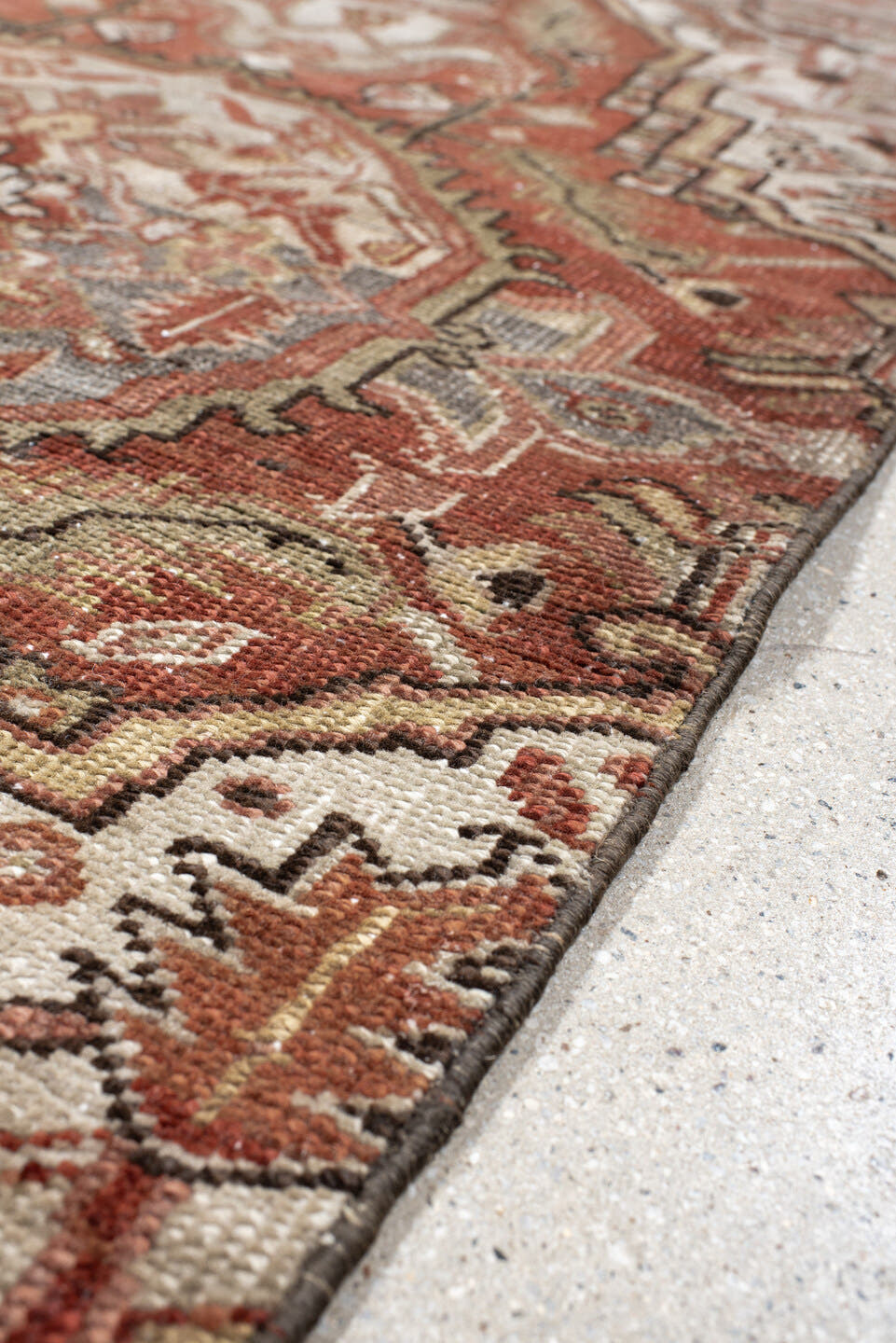 3' x 6' one-of-a-kind handmade vintage Heriz small size rug. Color palette: terra cotta, ivory, sage, taupe, charcoal, rust