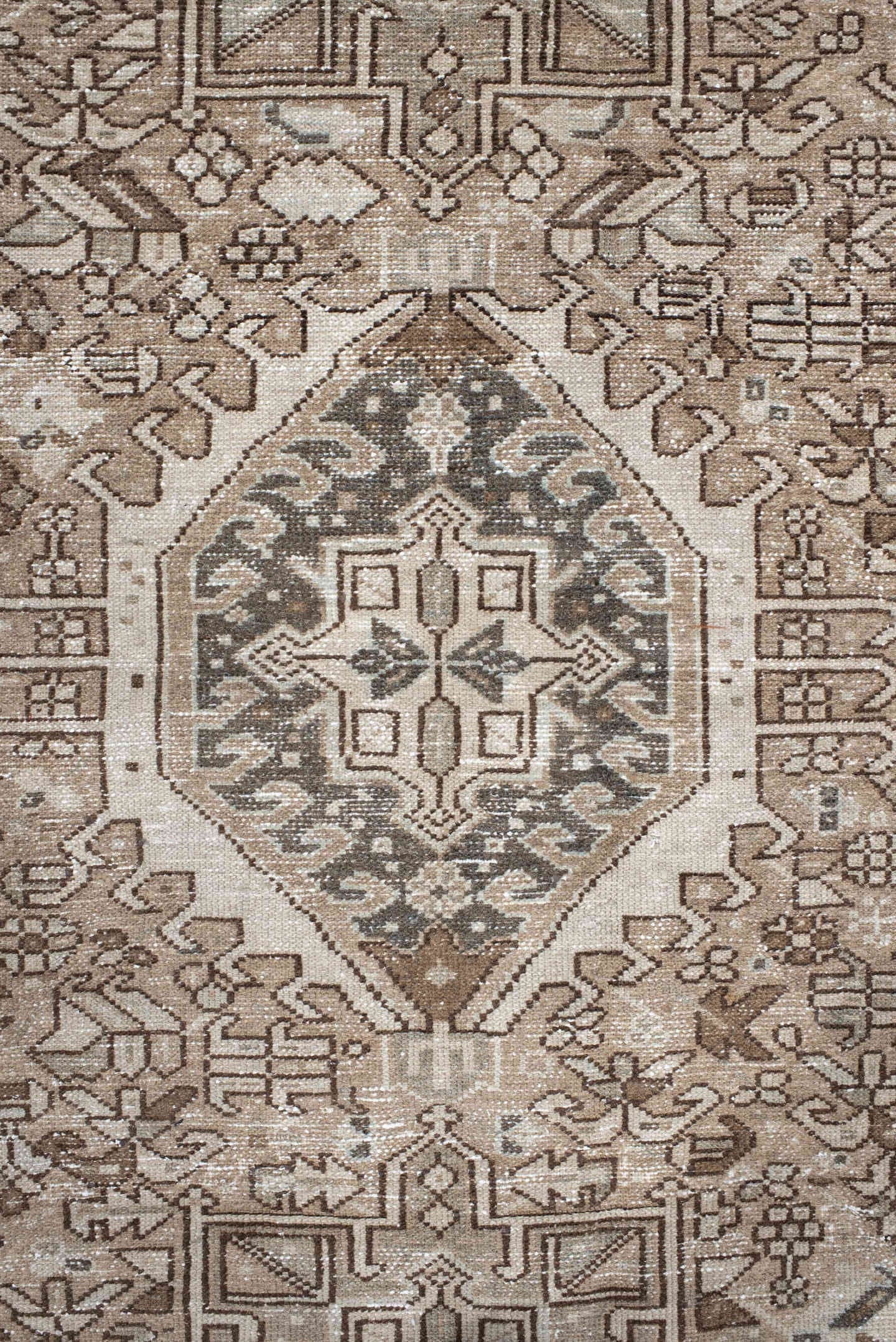 4' x 6' one-of-a-kind handmade vintage Karaje small size rug. Color palette: ivory, taupe, brown, camel, charcoal, beige