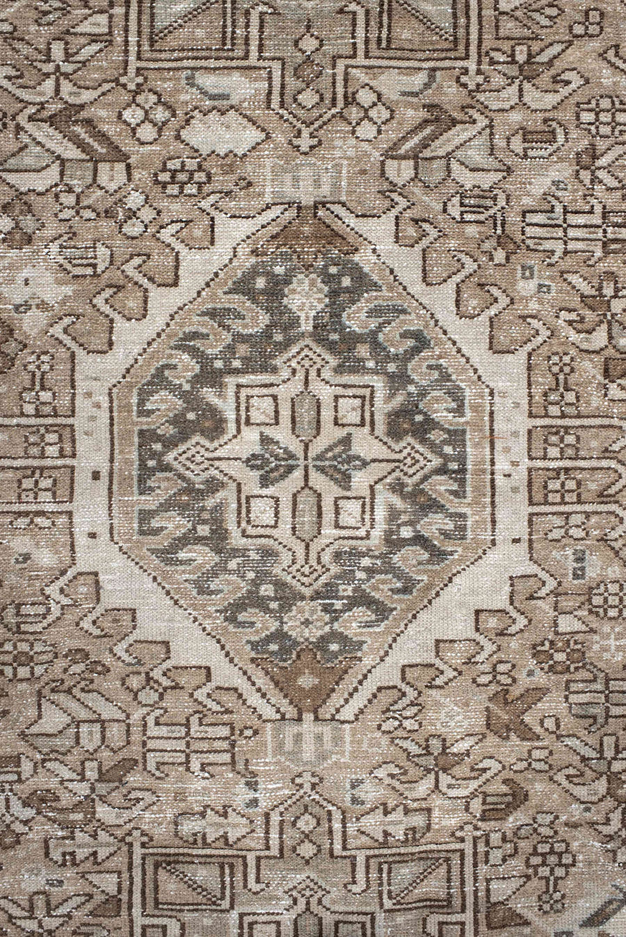 4' x 6' one-of-a-kind handmade vintage Karaje small size rug. Color palette: ivory, taupe, brown, camel, charcoal, beige