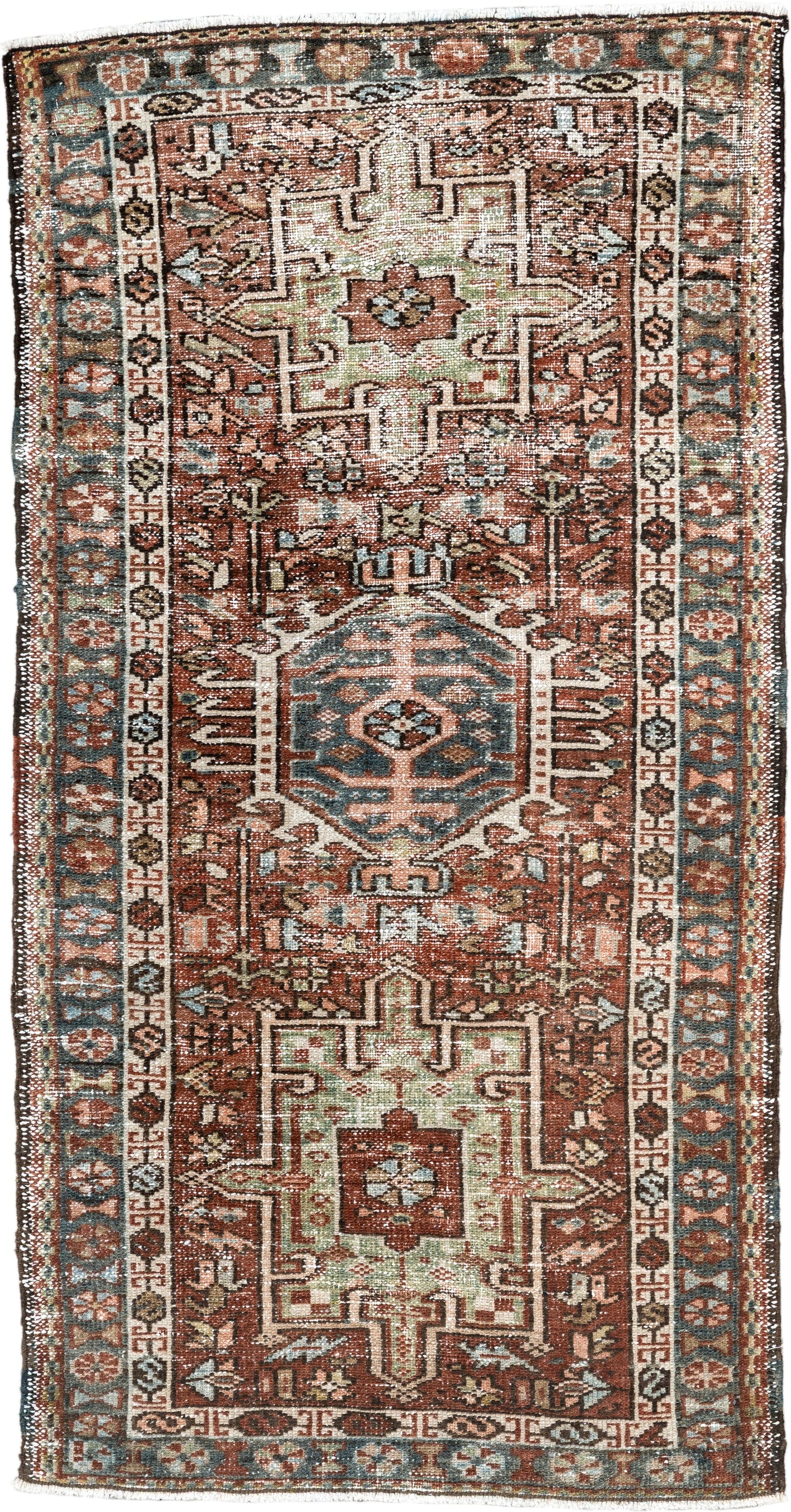 2' x 3' one-of-a-kind handmade vintage Karaje small size rug. Color palette: rust, ivory, blue, brown, sage, charcoal