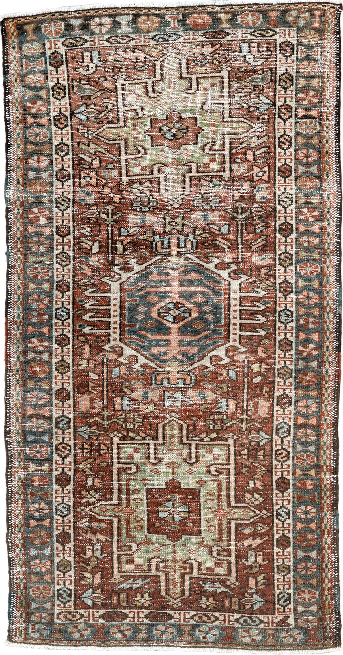 2' x 3' one-of-a-kind handmade vintage Karaje small size rug. Color palette: rust, ivory, blue, brown, sage, charcoal