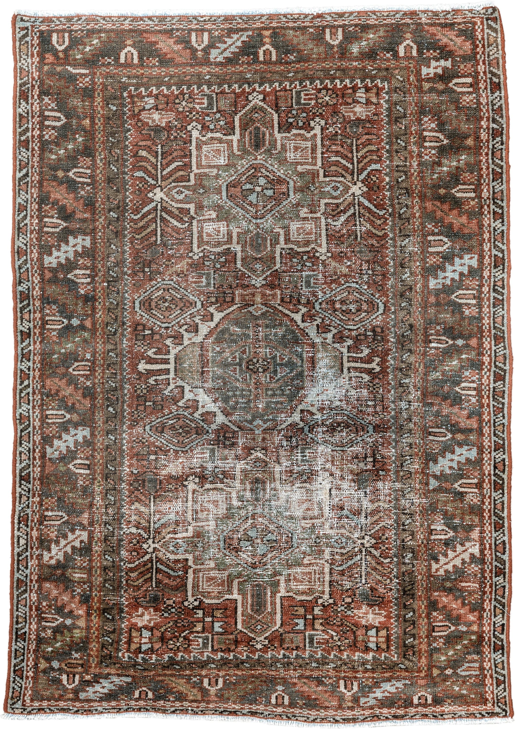 3' x 4' one-of-a-kind handmade antique Karaje small size rug. Color palette: rust, sage, ivory, charcoal, terra cotta, taupe