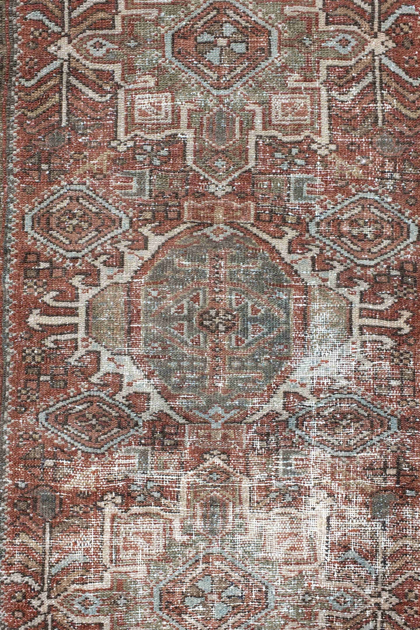 3' x 4' one-of-a-kind handmade antique Karaje small size rug. Color palette: rust, sage, ivory, charcoal, terra cotta, taupe