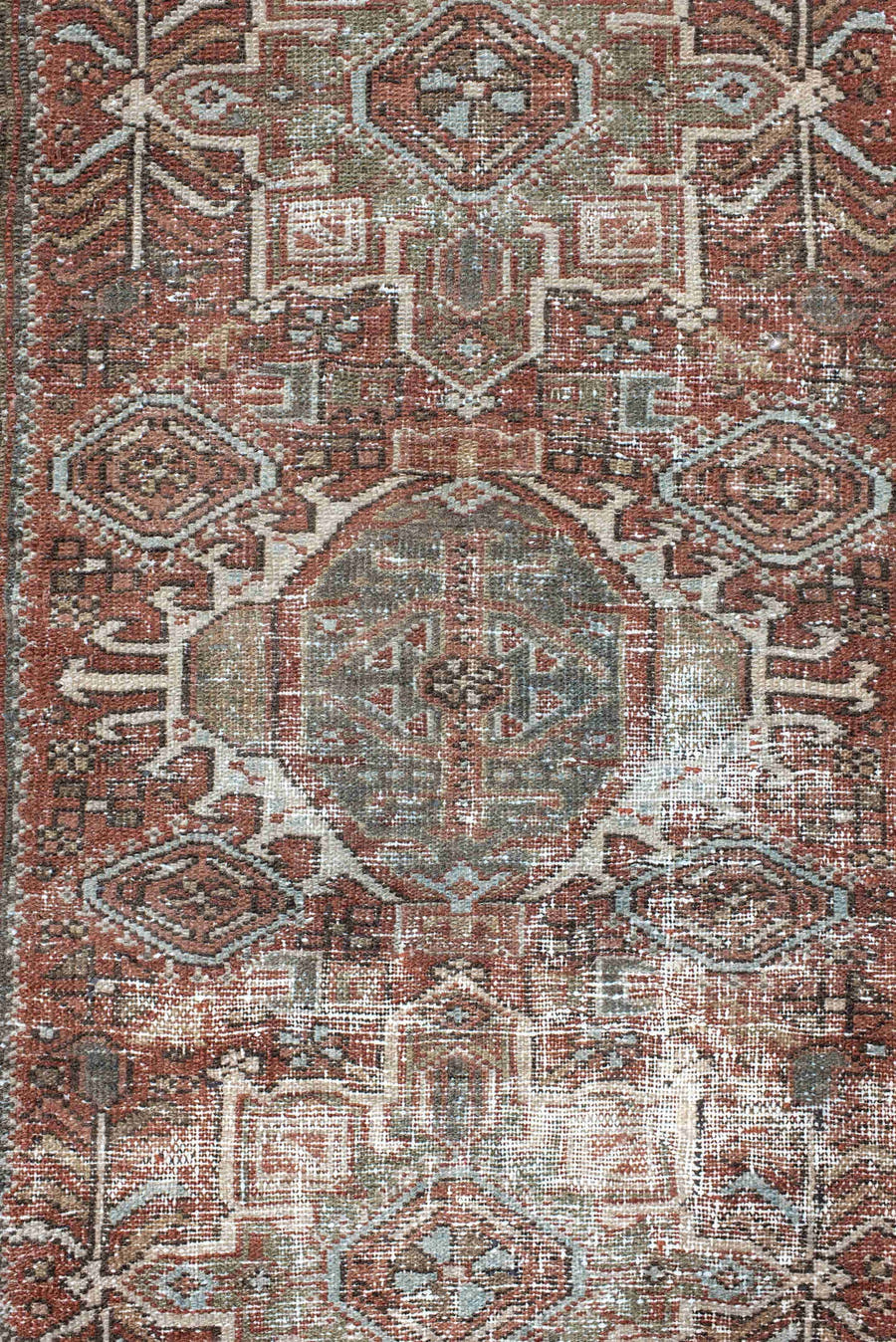 3' x 4' one-of-a-kind handmade antique Karaje small size rug. Color palette: rust, sage, ivory, charcoal, terra cotta, taupe