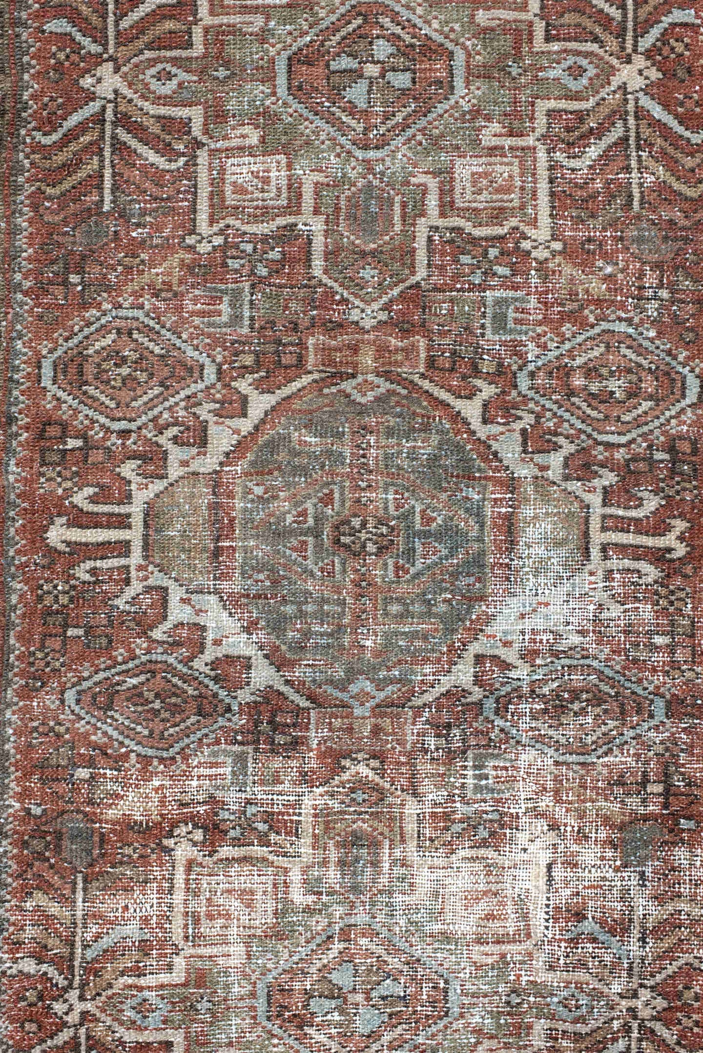 3' x 4' one-of-a-kind handmade antique Karaje small size rug. Color palette: rust, sage, ivory, charcoal, terra cotta, taupe